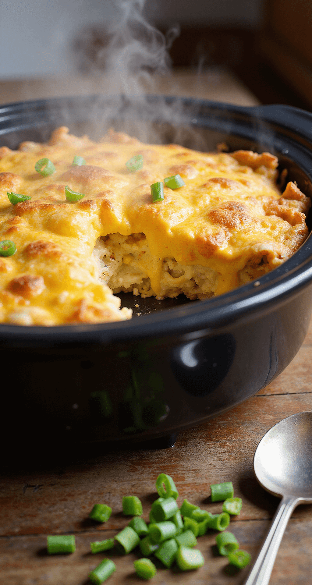 Close-up of a golden-brown layered breakfast casserole in a steaming slow cooker, featuring melted cheese, cooked eggs, and crispy hash browns, with fresh green onions sprinkled on top, immersed in warm kitchen lighting on a wooden surface.