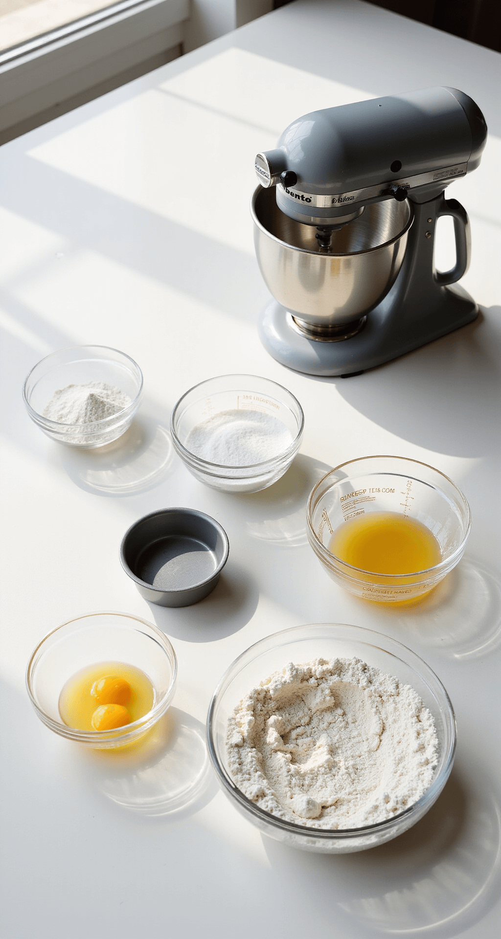 Overhead view of a white kitchen counter featuring arranged baking ingredients including a small cake pan, measured flour, eggs, and sugar in glass bowls, with sunlight streaming through a window and a stand mixer in the scene.
