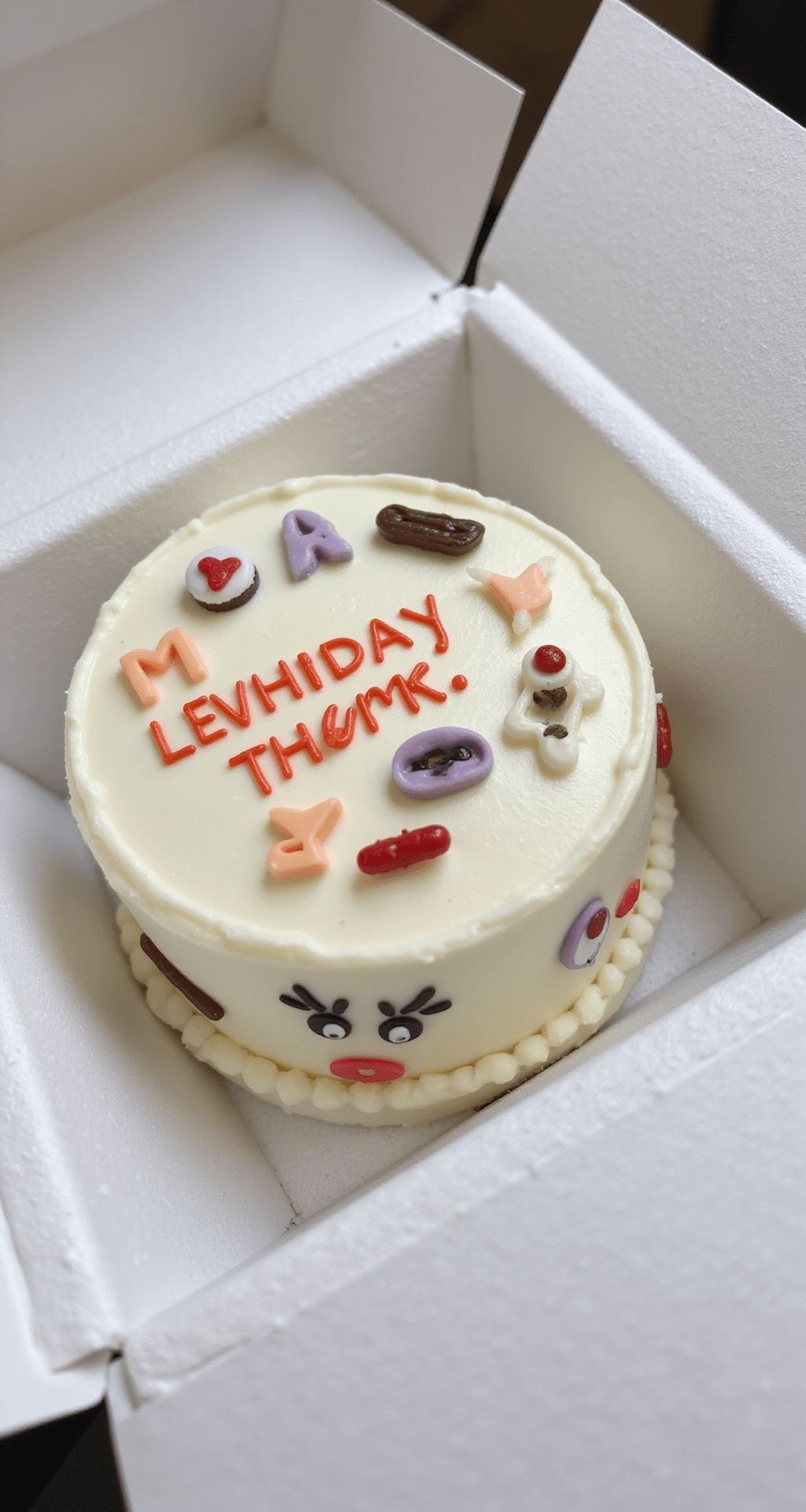 Close-up of a round mini bento cake in a white styrofoam box, adorned with smooth white buttercream, colorful cartoon decorations, and witty text written in vibrant food coloring, illuminated by soft studio lighting.