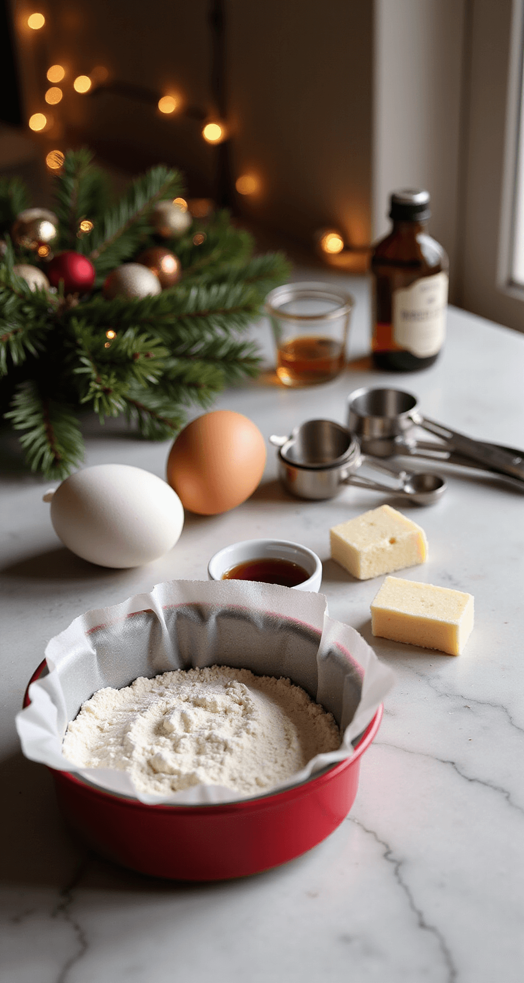 Warm, softly lit kitchen scene featuring baking ingredients like flour, eggs, sugar, and vanilla on a marble countertop, with a festive red cake pan, Christmas decorations, and twinkling fairy lights in the background.