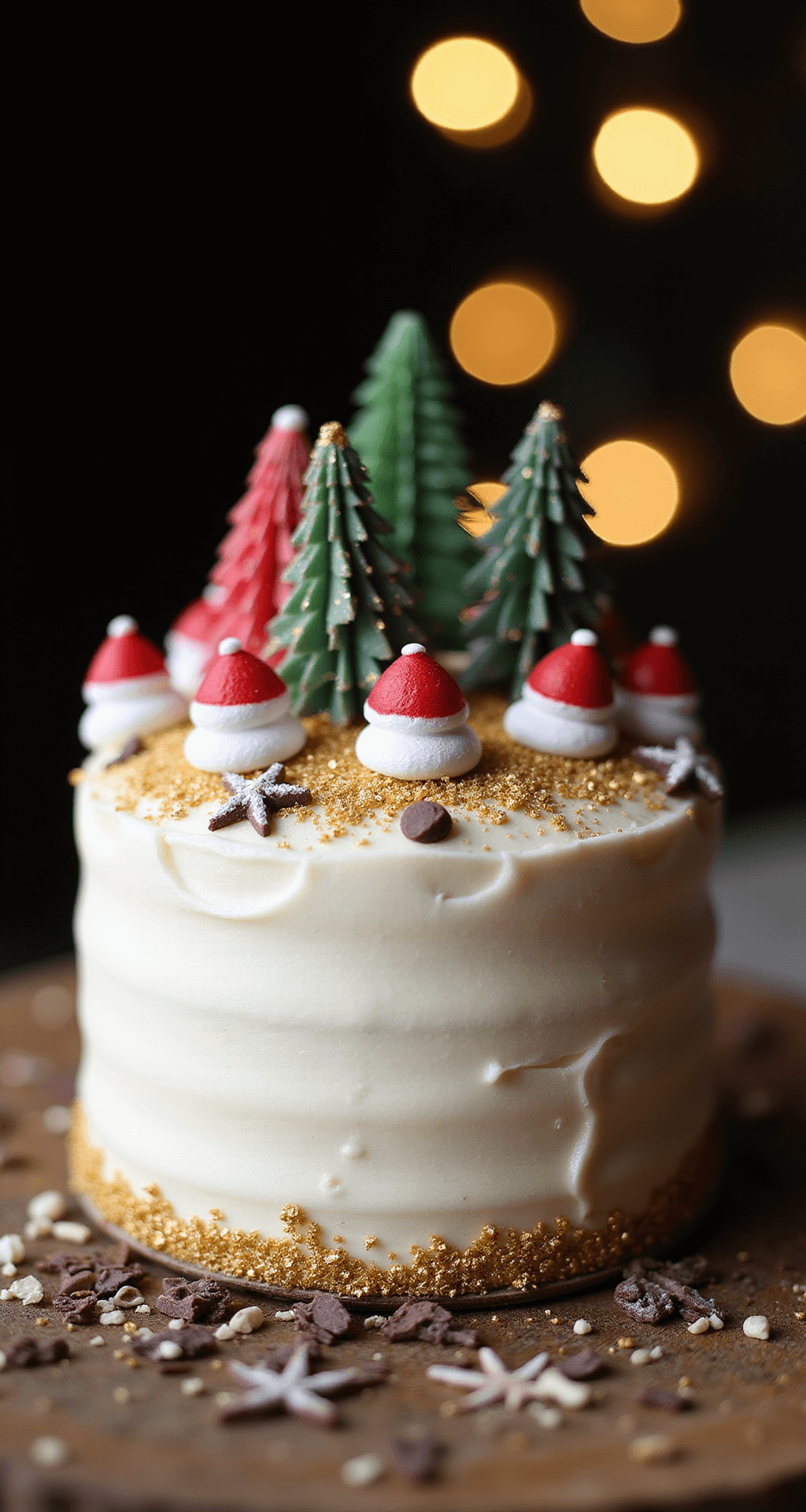 Close-up of a mini Christmas bento cake with white buttercream frosting, fondant Santa hats, meringue trees, and snowflake sprinkles, set against a dark background with golden lighting and soft bokeh Christmas lights.