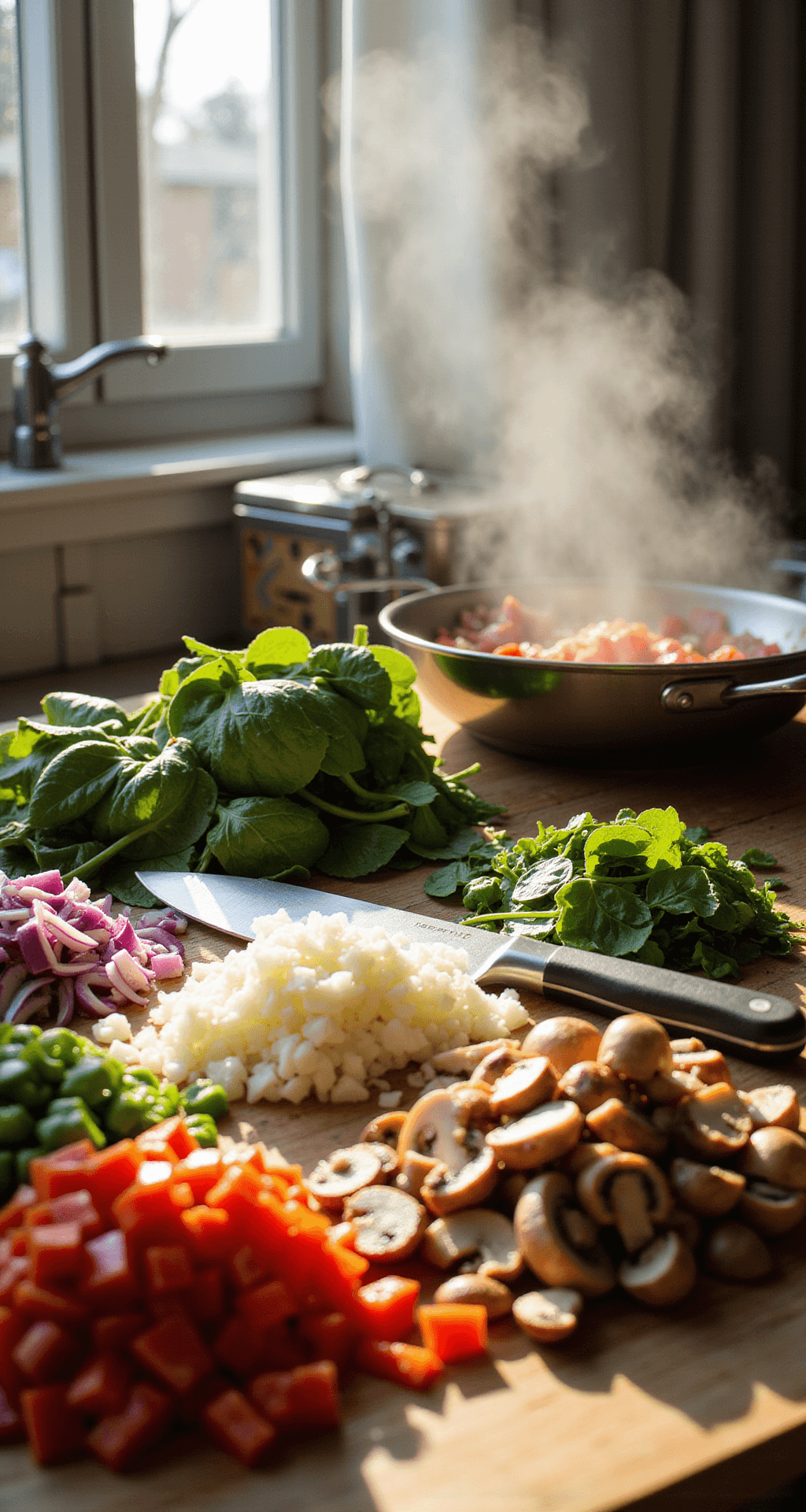 A sunlit kitchen counter with bright, chopped vegetables including red and green bell peppers, onions, mushrooms, and spinach, alongside a chef's knife and cutting board, with steam rising from a skillet in the background.