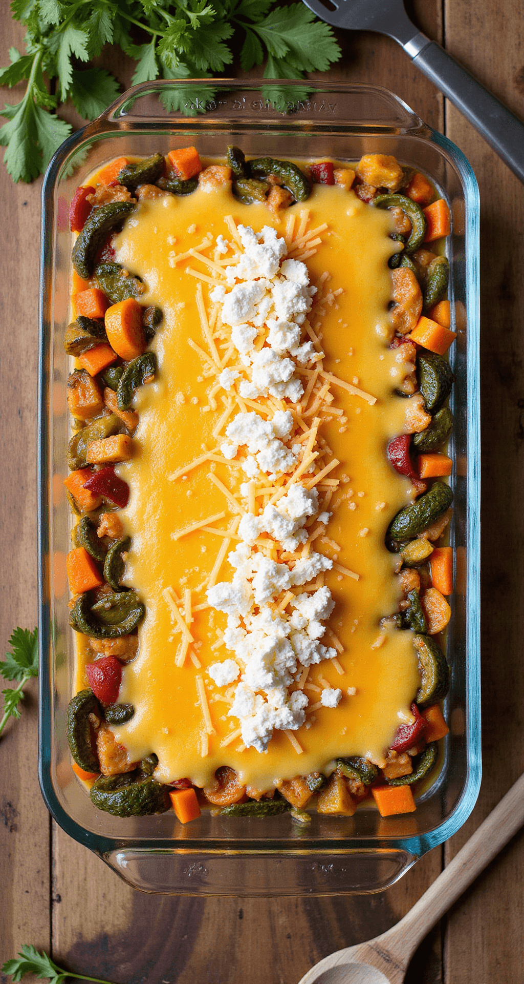 A 9x13 glass baking dish filled with colorful layers of sautéed vegetables and a golden egg mixture, topped with melted cheese, surrounded by fresh herbs and cooking utensils on a rustic wooden surface.