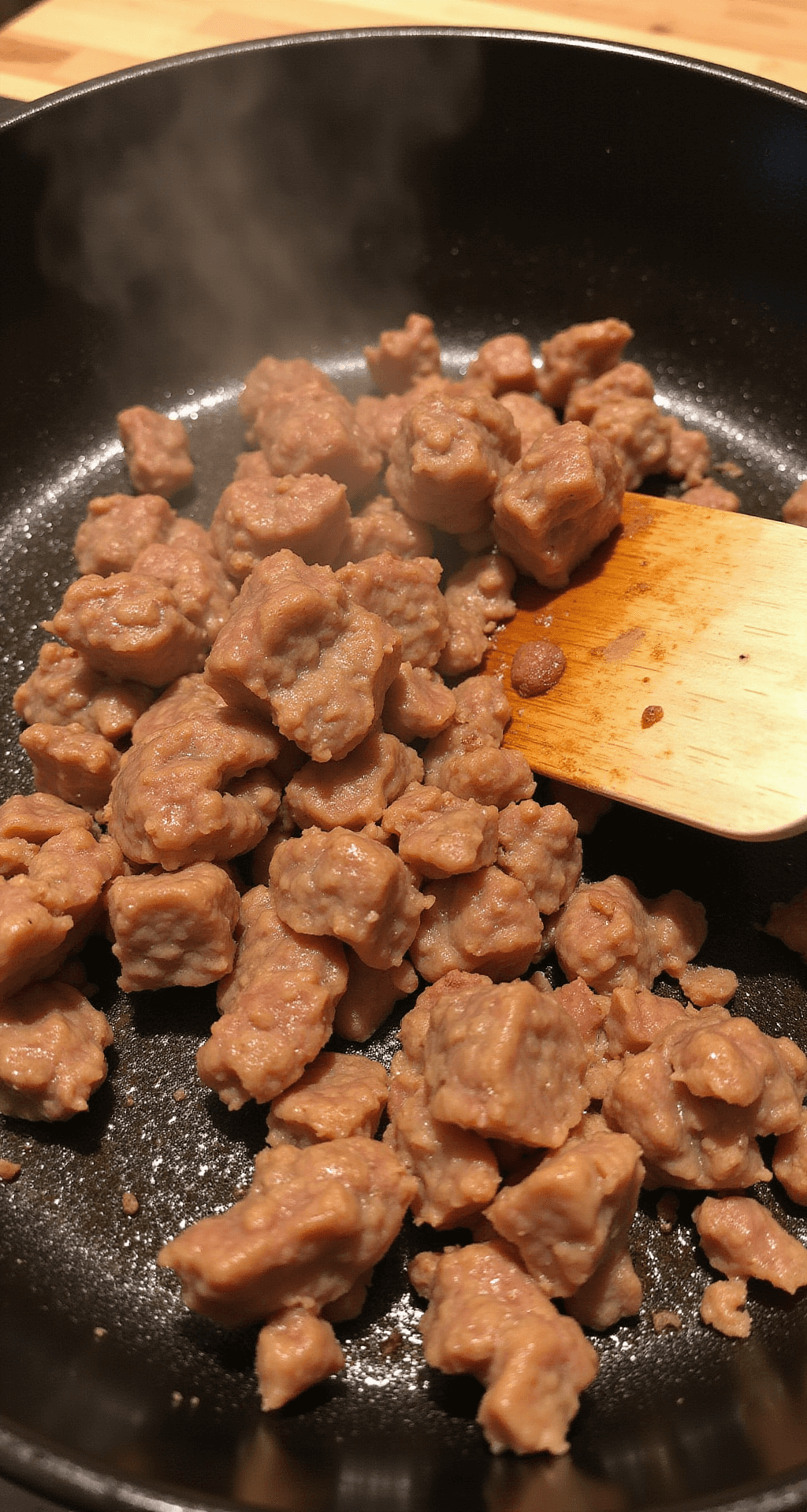 Close-up of sizzling breakfast sausage browning in a cast-iron skillet, with steam rising and a spatula breaking apart golden-brown crumbles against a dark surface. Warm lighting enhances the caramelized texture.