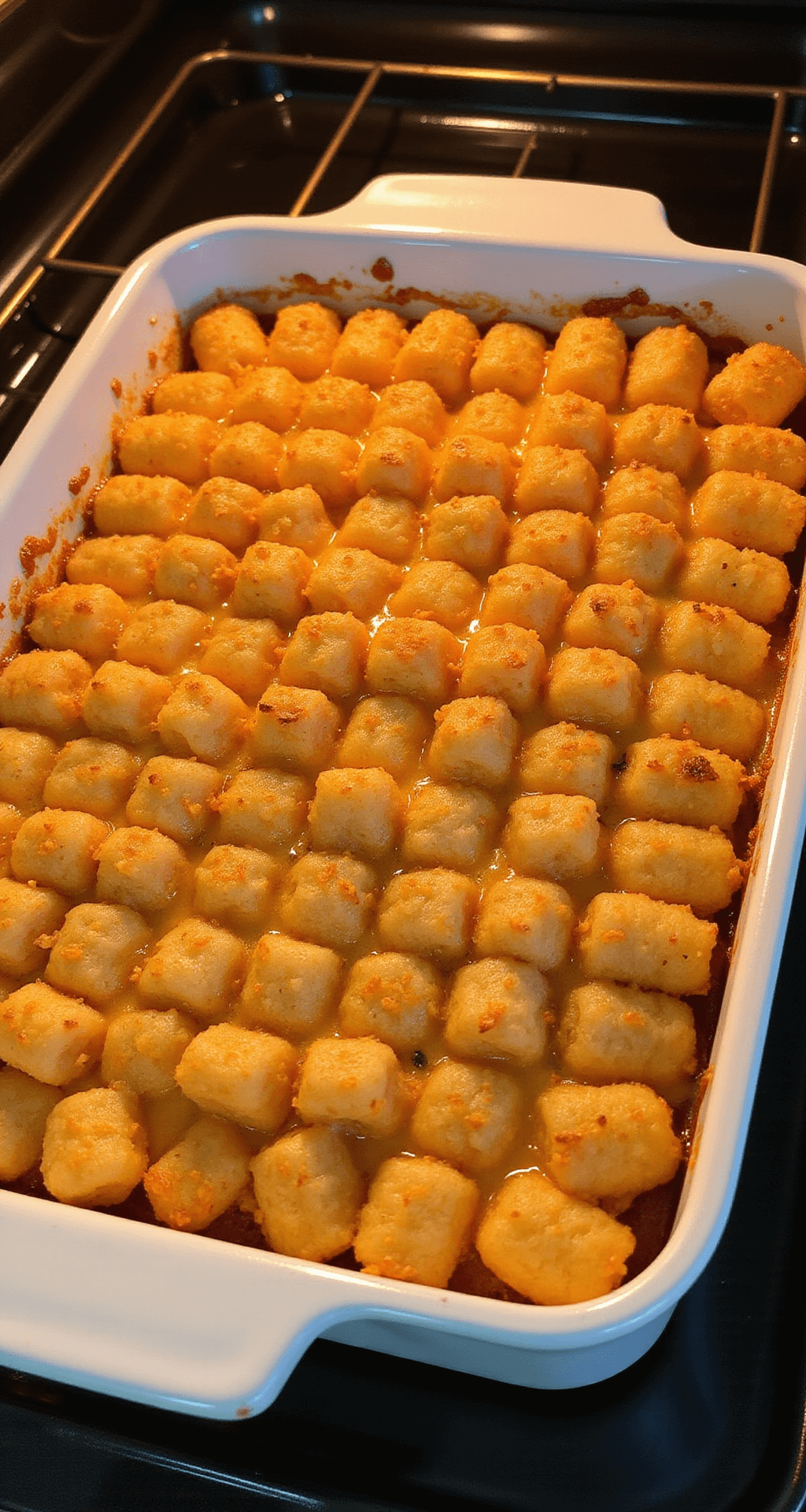 Overhead view of a golden-brown tater tot casserole in a 9x13 ceramic dish, bubbling in the oven with melted cheese and caramelized edges.