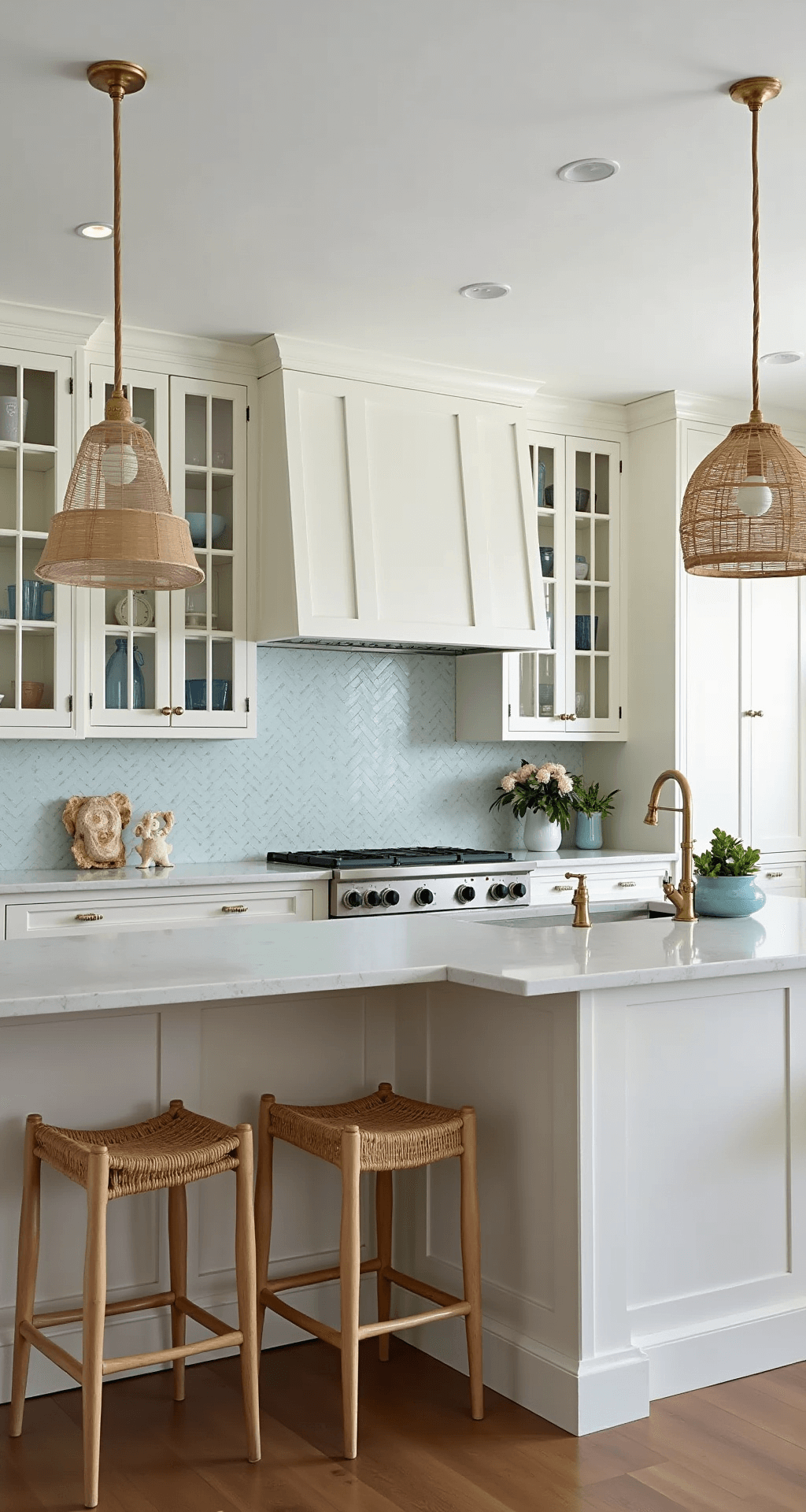 A spacious coastal contemporary kitchen featuring white glass-front upper cabinets and sandy off-white lower cabinets, illuminated by afternoon light. The sea-glass backsplash tiles shimmer softly, complemented by brushed brass hardware. White quartz countertops with grey veining, rattan bar stools, and woven pendant lights add texture, while pale blue accents reflect the ocean theme. Maritime artwork and coral specimens enhance the coastal aesthetic.