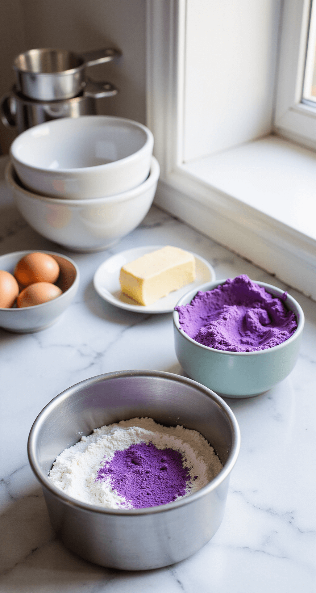 A sunlit kitchen countertop featuring baking ingredients: a 4-inch round cake pan, sifted flour with purple ube powder, softened butter, and fresh eggs, with natural light illuminating measuring cups and bowls against a white marble surface.