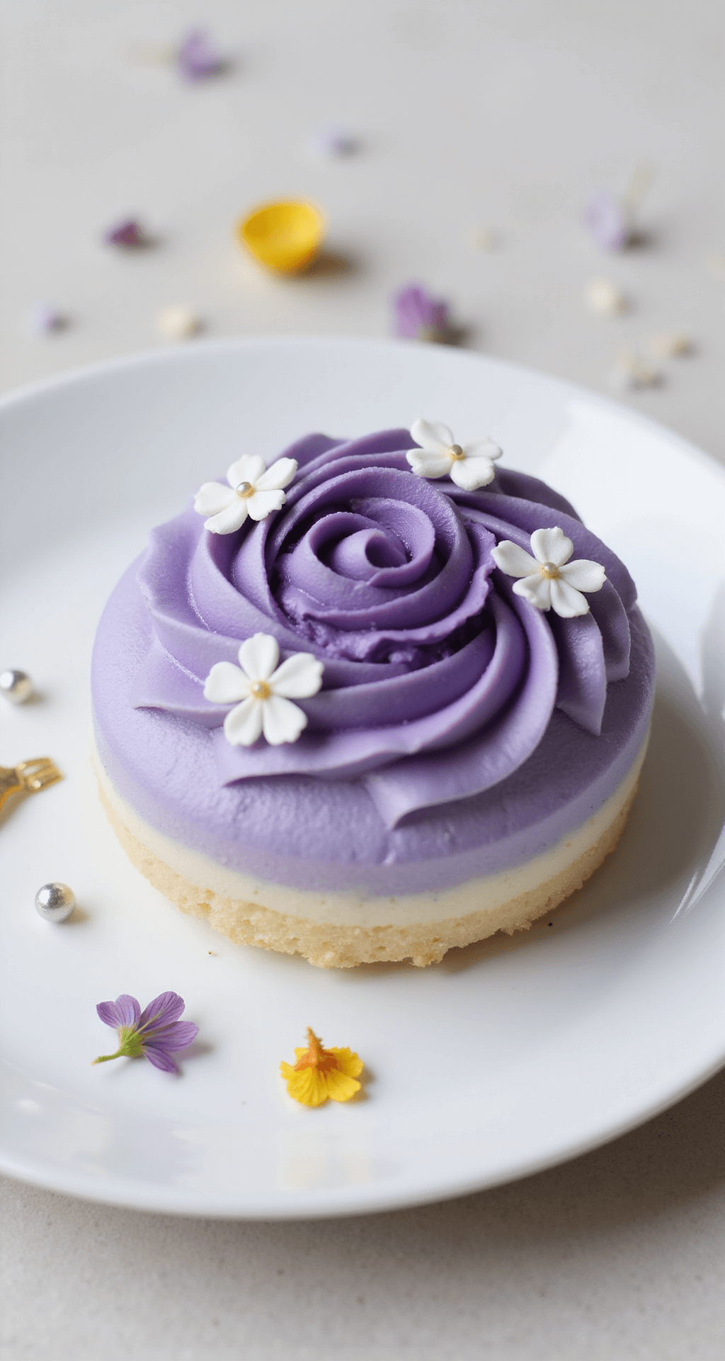 A mini purple bento cake with ombre frosting and white piped flowers on a white plate, accompanied by edible flowers and a gold fork under soft studio lighting.