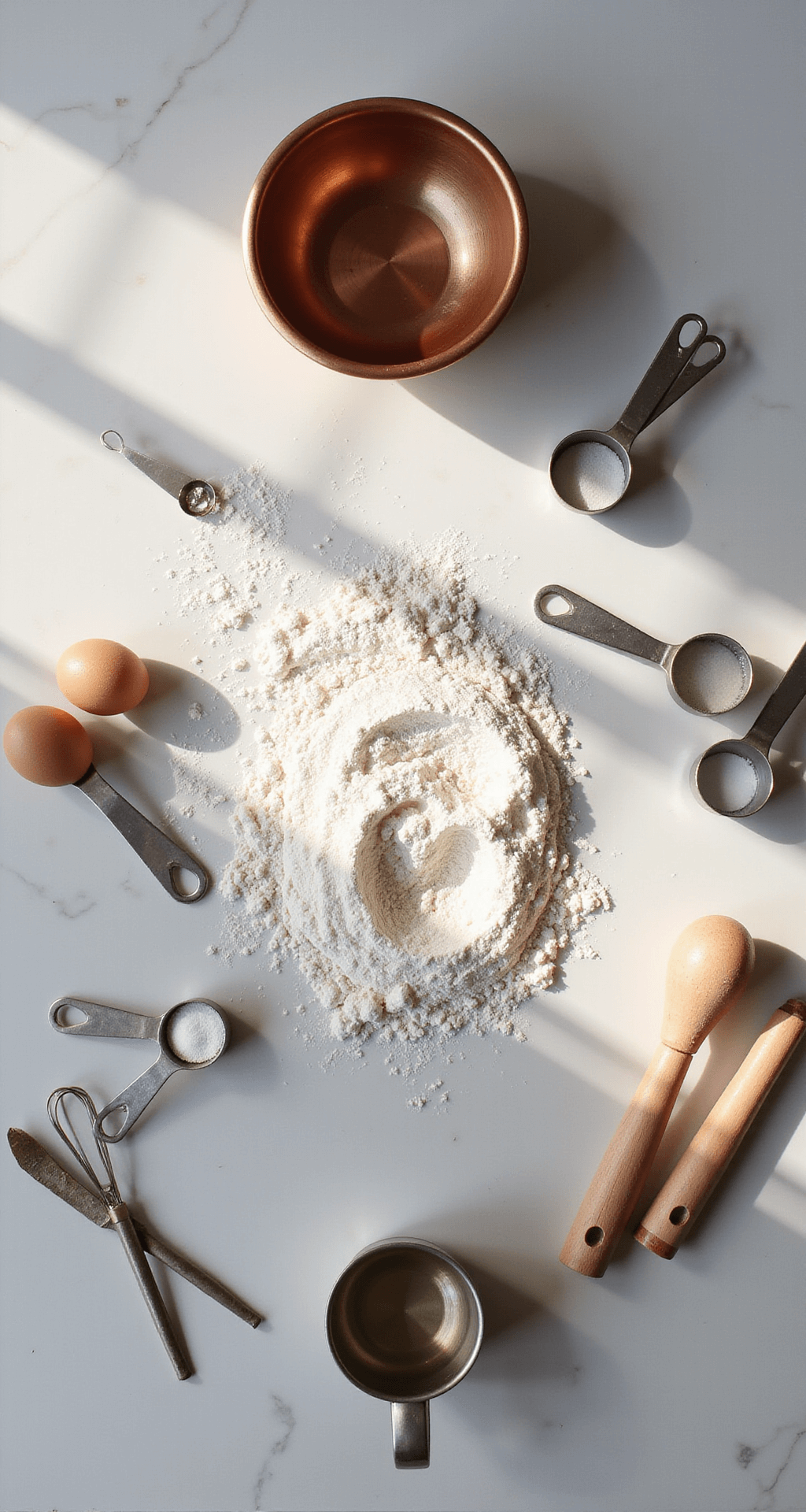 Overhead view of a sunlit kitchen counter featuring baking ingredients in a circular arrangement: farm-fresh eggs, sifted flour on marble, measuring cups with sugar, and a copper mixing bowl, complemented by professional baking tools in soft natural light.