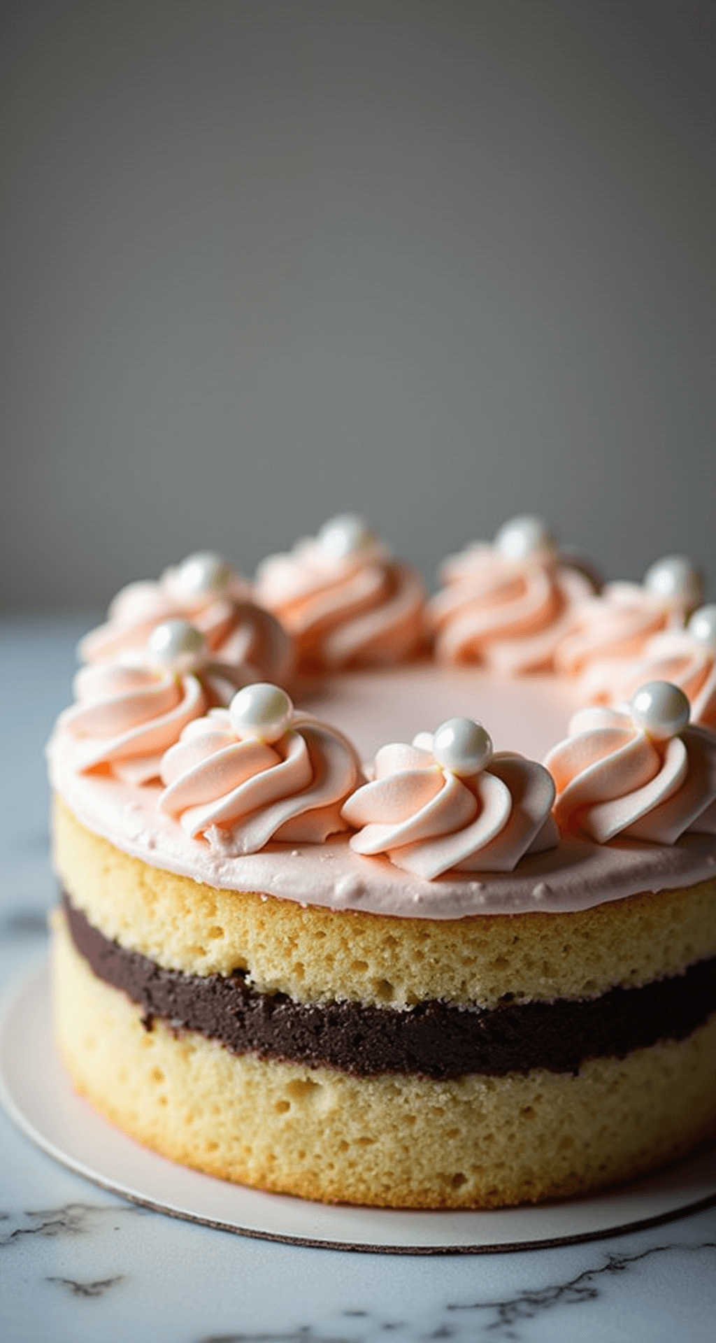 Close-up of a beautifully decorated 15cm round bento cake in a clear box, featuring pastel buttercream frosting with piped rosettes and pearls, revealing layers of chocolate filling between golden cake. Soft studio lighting enhances the dreamy effect.