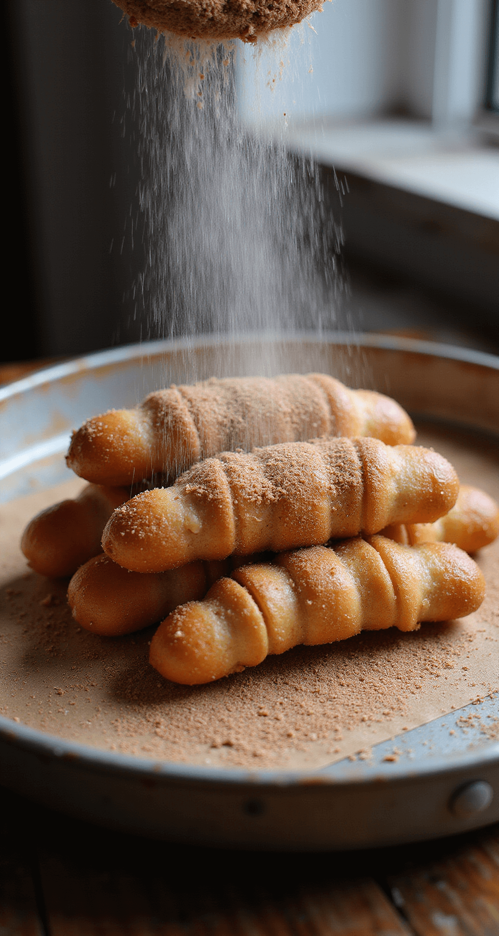 Close-up of golden-brown churros being rolled in cinnamon-sugar, with steam rising from their crispy exterior, illuminated by soft natural light through a kitchen window, set on a rustic wooden board and vintage metal tray.