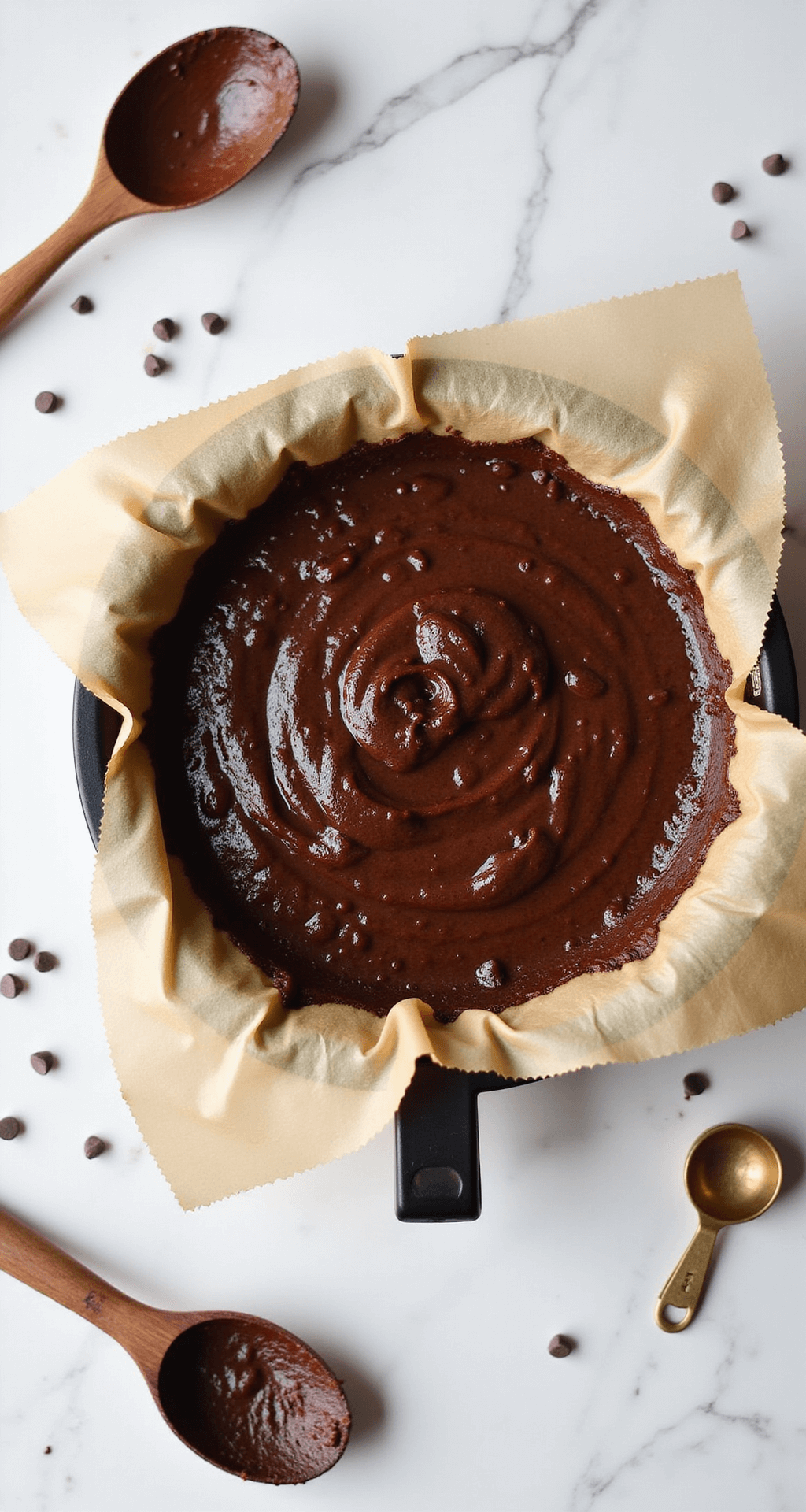 Overhead view of glossy chocolate brownie batter being poured into a parchment-lined air fryer basket, with scattered chocolate chips and a marble countertop backdrop, featuring a vintage wooden spoon and measuring cups.