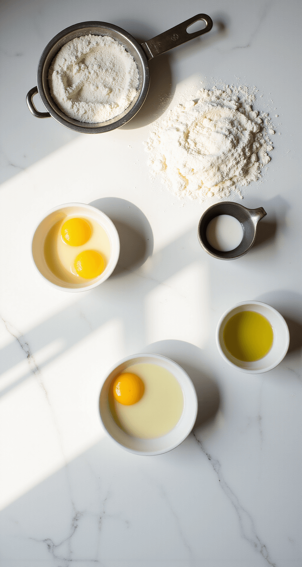 Overhead view of a marble countertop featuring separated egg yolks in ceramic bowls, measuring cups of milk and oil, and a sifter releasing flour dust, illuminated by natural window light.