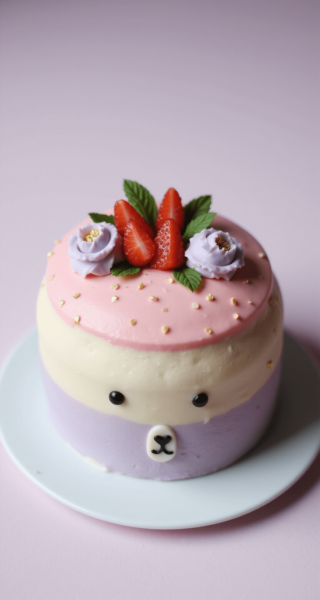 A close-up of a 10cm round bento cake featuring a gradient pastel pink to purple frosting, adorned with tiny piped flowers and a kawaii bear face, on a white plate. The cake's glossy finish is highlighted by soft lighting, with edible gold flakes and garnished with fresh strawberry slices and mint leaves.