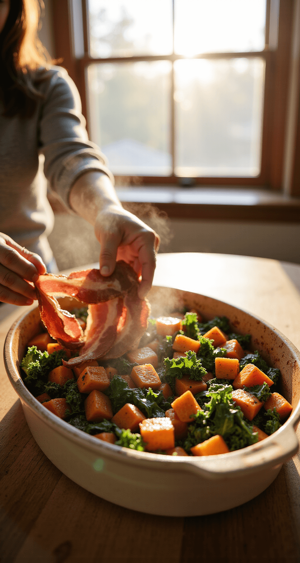 Close-up of hands layering crispy bacon and roasted vegetables in a rustic ceramic casserole dish, with sunlight highlighting steam from sautéed sweet potatoes and kale.