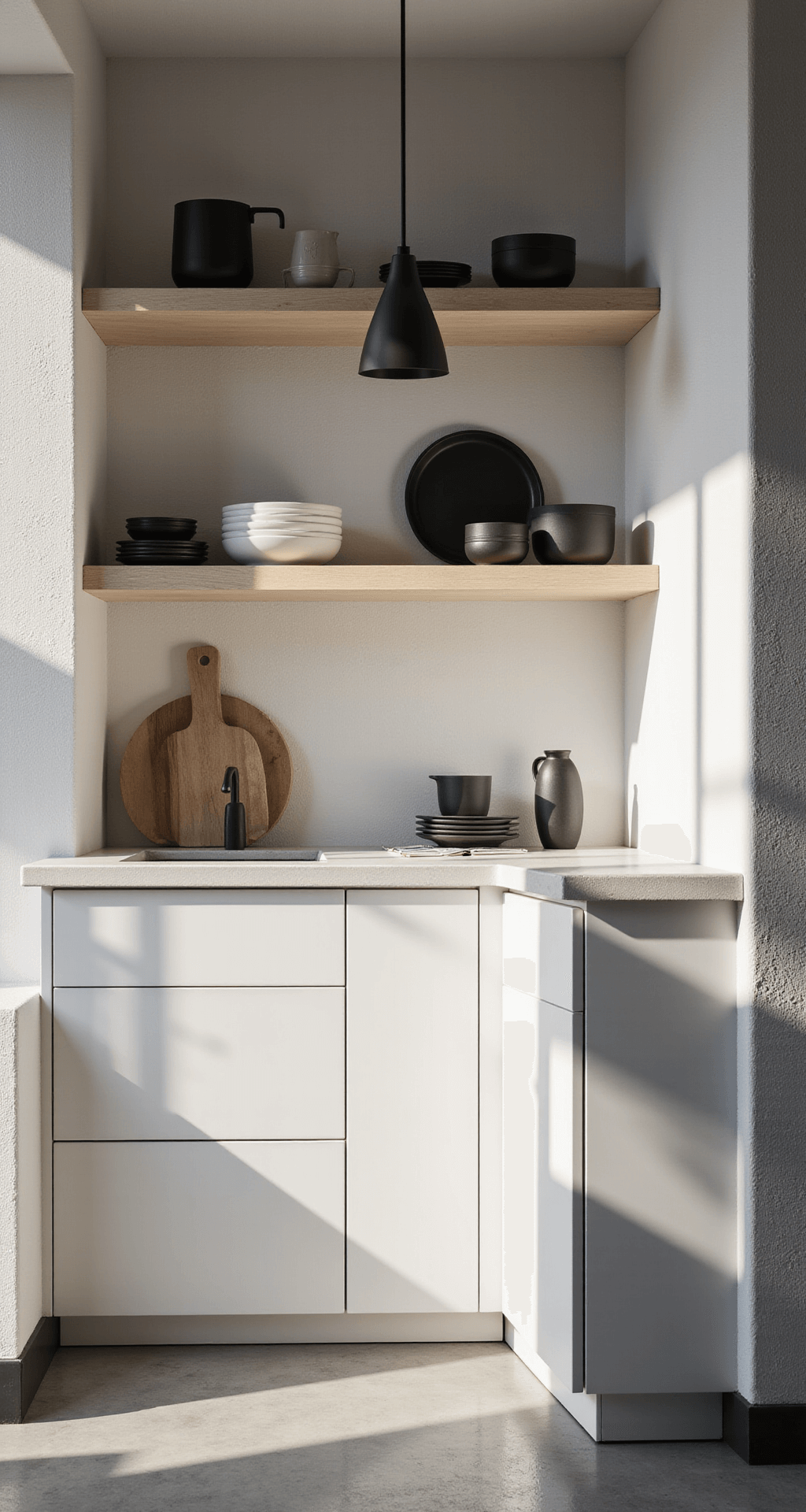 A compact Scandinavian minimal kitchen at dusk, featuring arctic white slab cabinets with integrated handles, pale ash wood open shelving with minimalist ceramics, white concrete countertops, and a matte black geometric pendant, all bathed in low evening light creating long shadows and highlighting negative space.