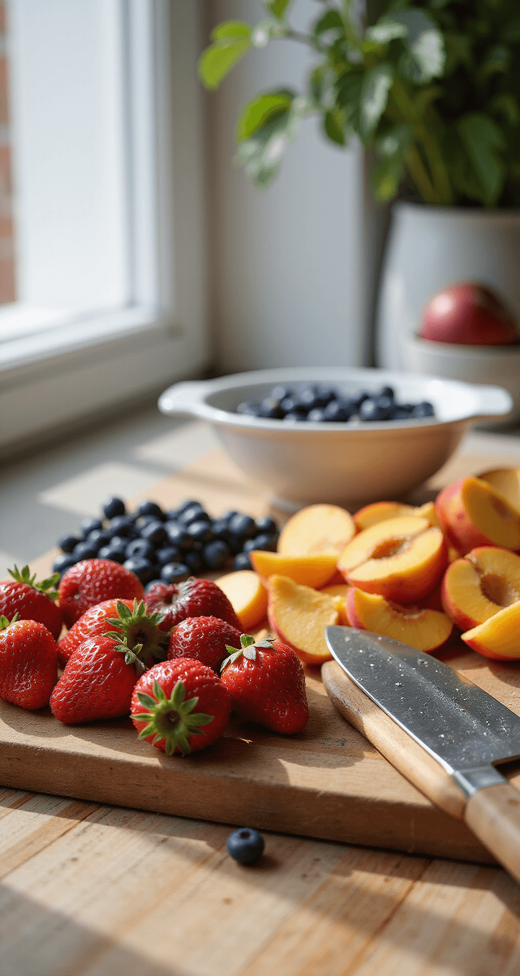A sunlit modern kitchen countertop featuring fresh strawberries, blueberries, and peaches arranged neatly, with a wooden cutting board and a sharp knife, surrounded by a white ceramic colander, all illuminated by morning light.