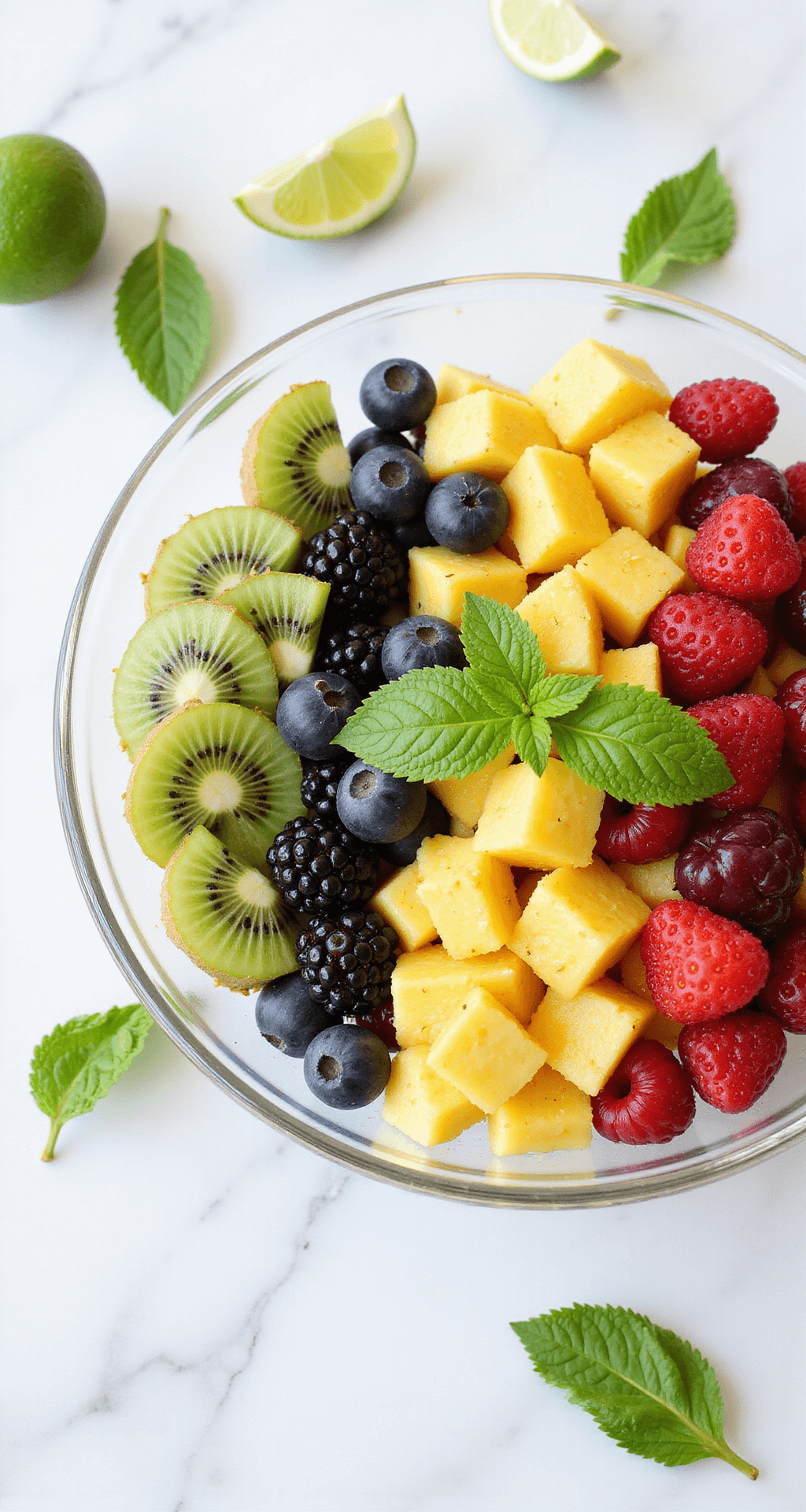 Elegant glass bowl filled with vibrant fresh-cut fruits including berries, pineapple, and kiwi, garnished with mint and honey, on a white marble counter with scattered mint leaves and lime wedges.