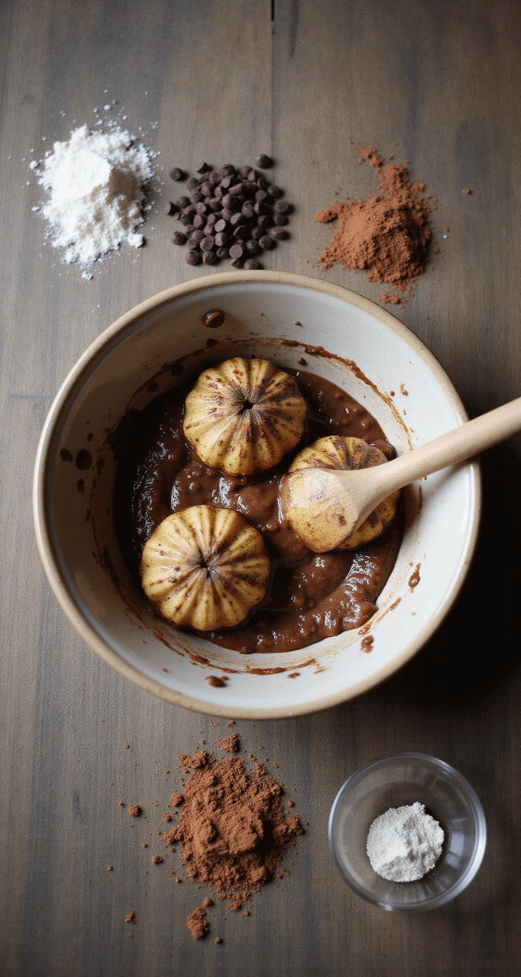 Close-up of three overripe bananas being mashed in a vintage ceramic bowl on a rustic wooden countertop, with cocoa powder, flour, and chocolate chips scattered around, illuminated by soft natural light.