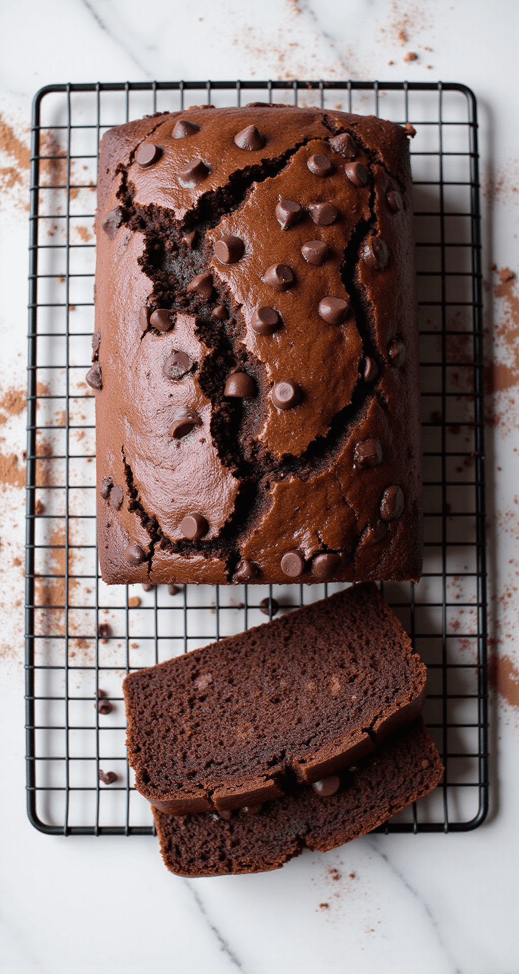 Overhead shot of a freshly baked chocolate banana bread on a black wire rack, with steam rising from the top, chocolate chips visible, and a slice cut to show the moist crumb, set against a marble countertop dusted with cocoa powder.