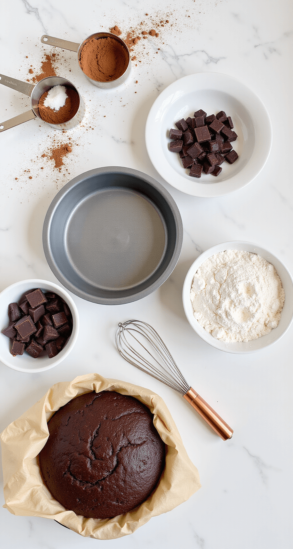 High-angle view of a marble countertop showcasing baking ingredients including sifted cocoa powder, measuring cups of flour, dark chocolate chunks, a centrally placed round cake pan lined with parchment paper, and nearby mixing bowls with a copper whisk.