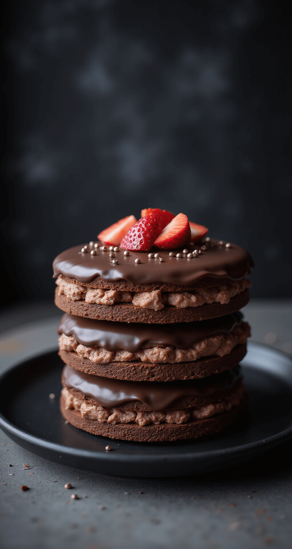 Close-up of a three-layer chocolate bento cake with dark ganache, garnished with chocolate pearls and strawberry slices, presented on a black ceramic plate against a dark, moody background.