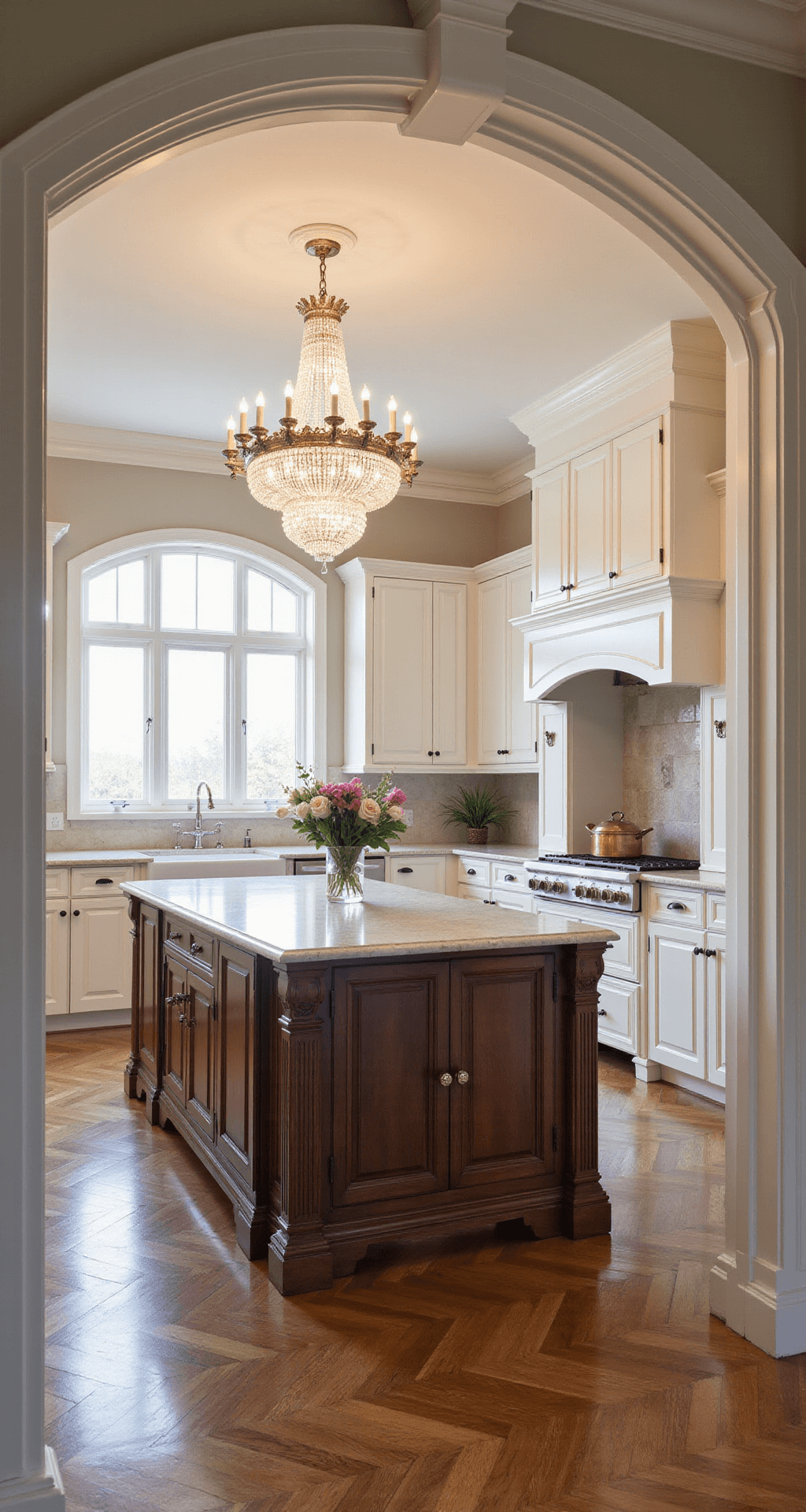 A grand traditional kitchen featuring cream white cabinets with carved crown molding, a marble island with a crystal chandelier overhead, polished nickel fixtures, herringbone walnut floors, and decorative elements like fresh flowers and copper cookware.