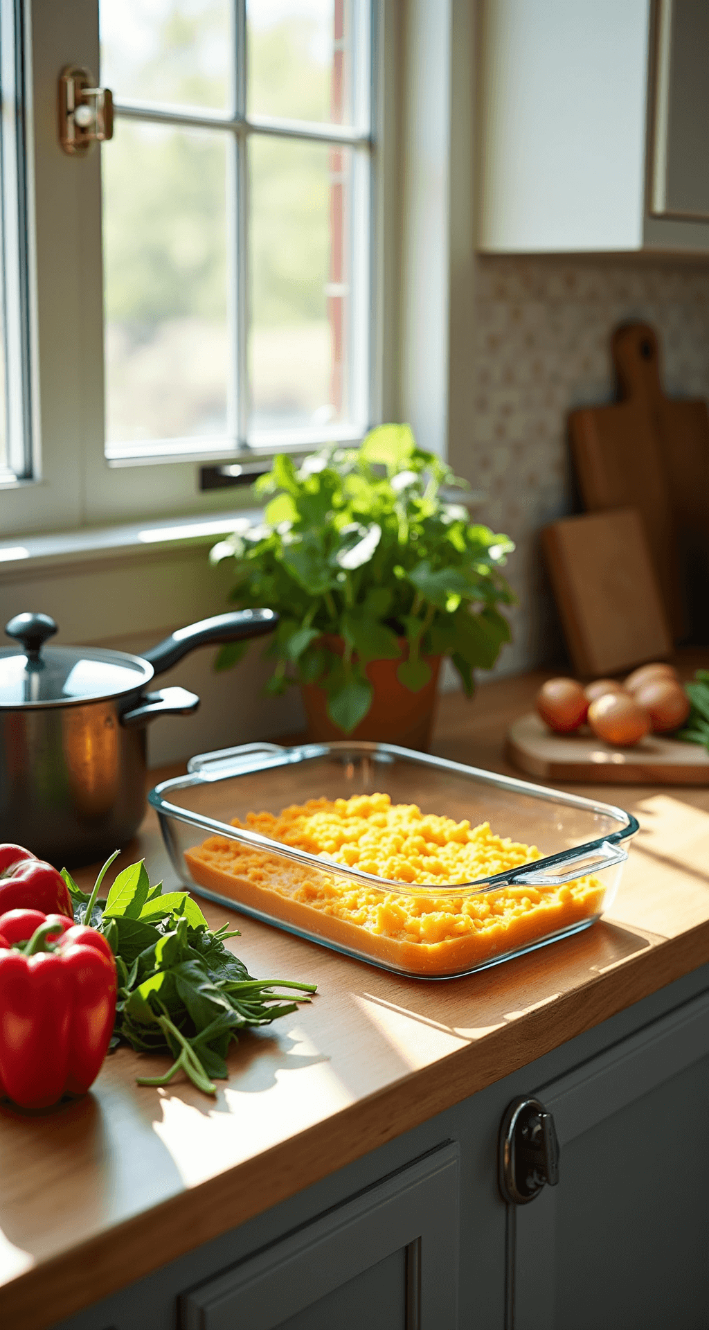 Sunlit kitchen counter with vibrant red bell peppers, fresh spinach, farm-fresh eggs, and golden cheddar cheese arranged for breakfast prep, featuring a 9x13 glass baking dish and high-end cookware.