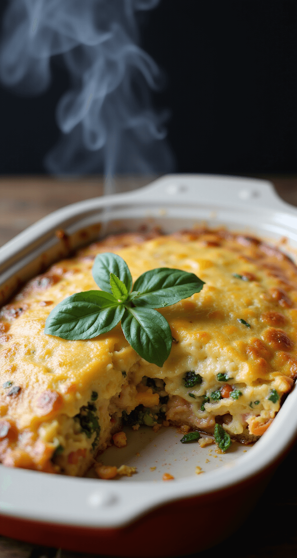 A perfectly baked breakfast casserole in a ceramic dish, featuring golden-brown edges, a fluffy center with colorful vegetables, melted cheese, and herbs, illuminated by soft natural light, garnished with fresh spinach leaves.