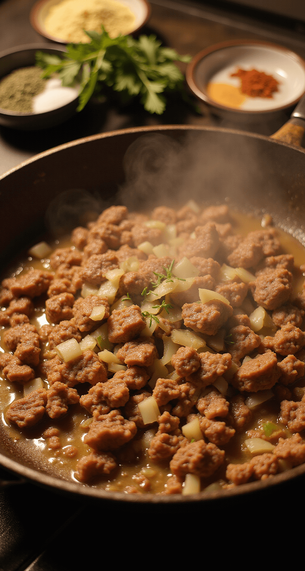 Close-up of a rustic cast-iron skillet on a stovetop, featuring ground beef browning with onions and garlic, illuminated by warm lighting, with steam rising and bowls of herbs in the background.