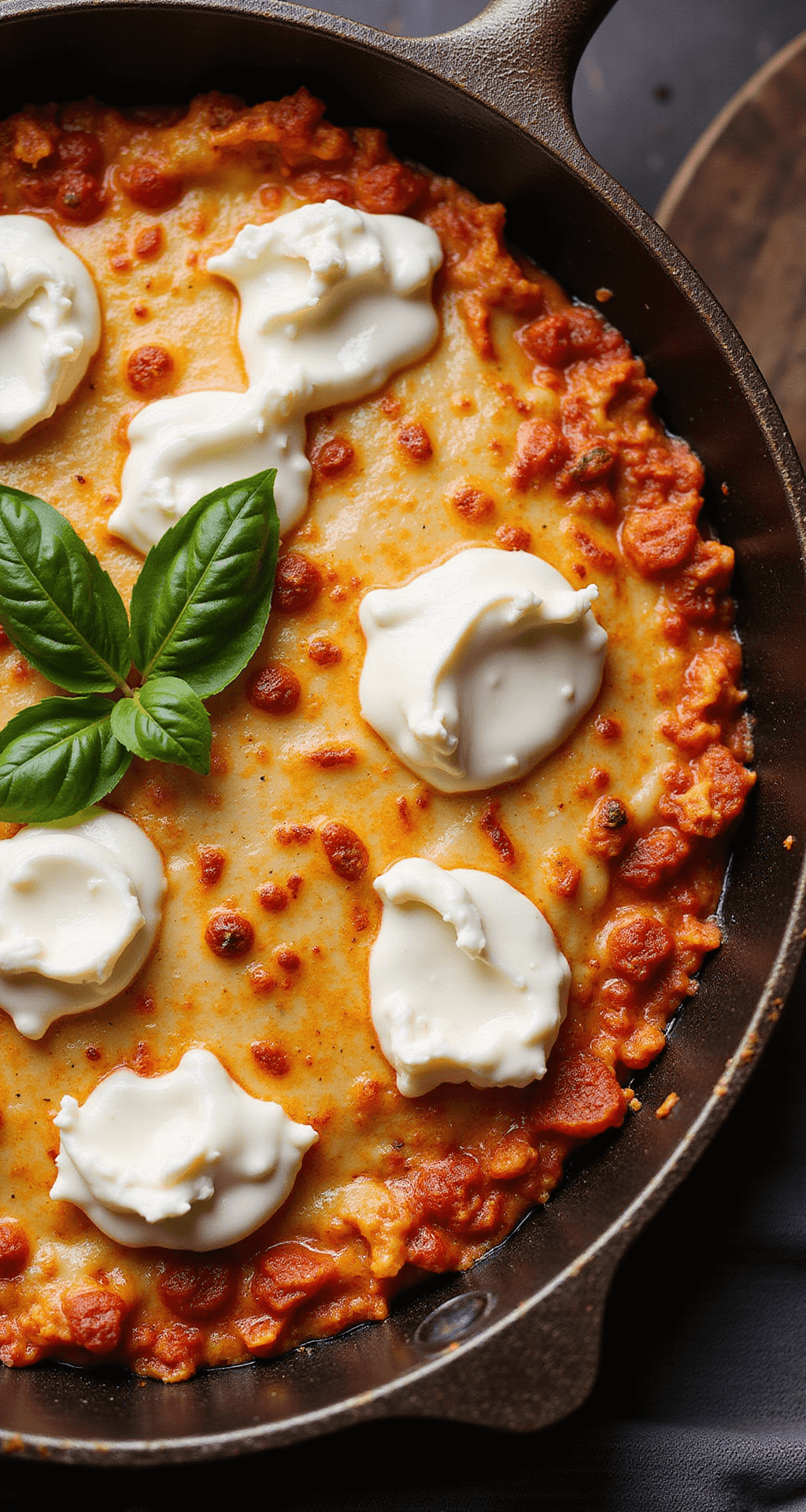 Overhead view of a skillet lasagna in a cast-iron pan, showcasing bubbling melted mozzarella with golden spots, dollops of ricotta, and fresh basil, all lit warmly to highlight textures.