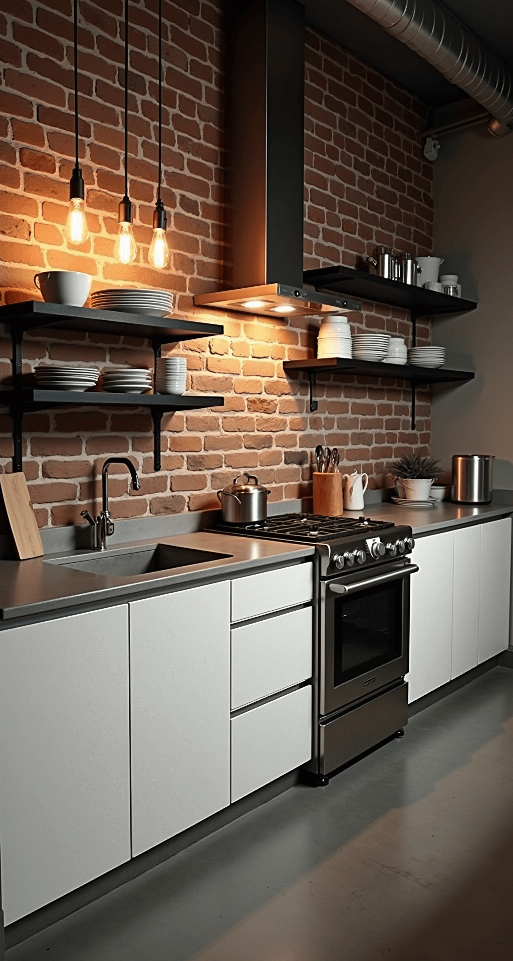 Modern industrial kitchen featuring sleek white lacquered cabinets, exposed brick walls, stainless steel appliances, and concrete countertops under warm Edison bulb lighting, with black steel open shelving displaying minimalist dishware. The shot highlights vertical space and dramatic evening lighting.