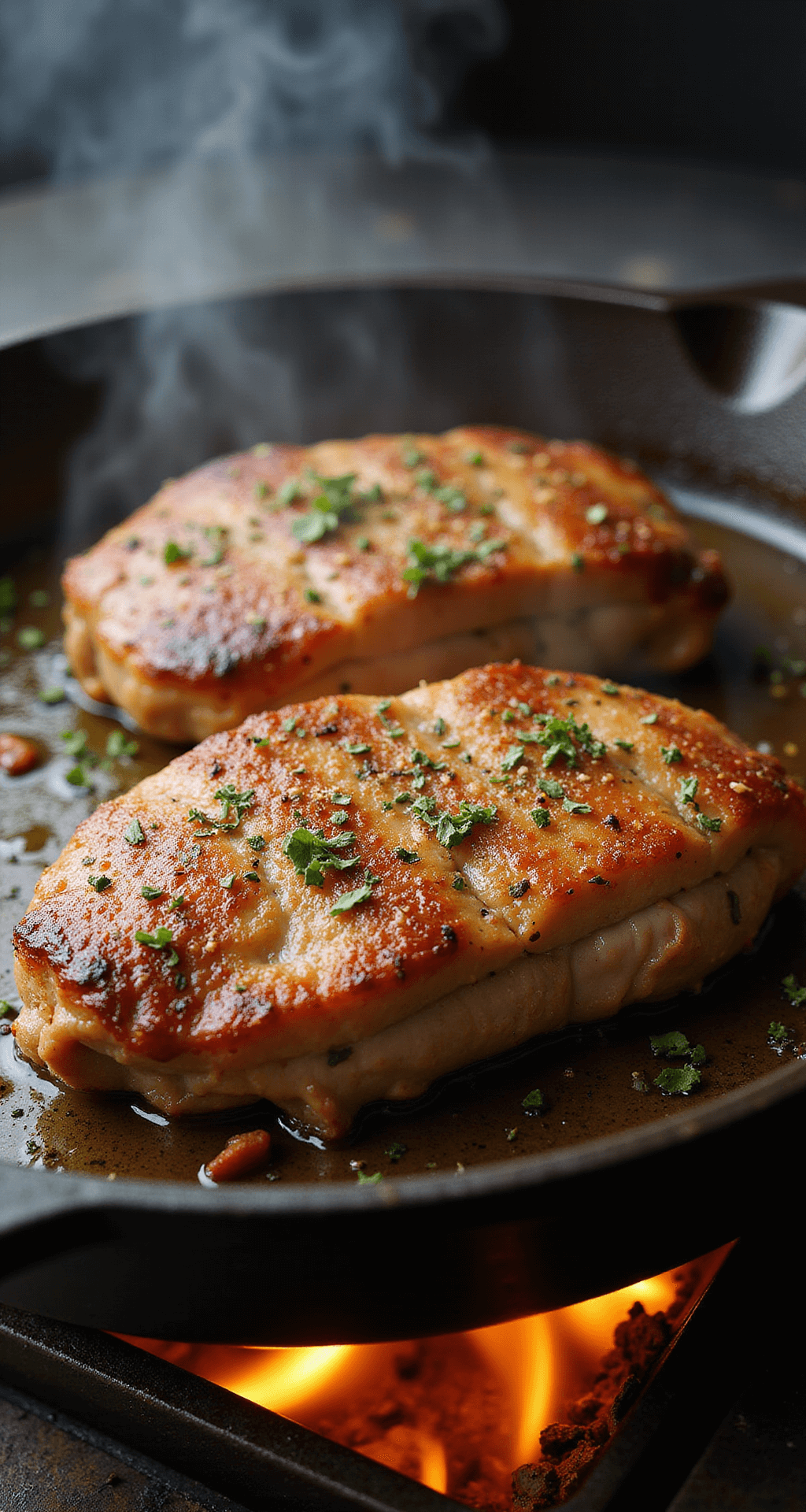 Close-up of two seasoned pork tenderloins searing in a cast-iron skillet, displaying a golden-brown crust with steam rising, herbs scattered around in a warm, professional kitchen setting with visible flames beneath the pan.