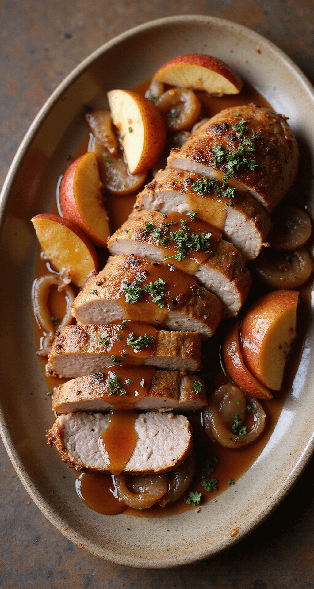 Overhead view of sliced pork tenderloin medallions on a rustic ceramic plate, accompanied by caramelized apple slices and golden-brown onions, topped with a rich pan sauce and fresh herbs, all illuminated by warm autumnal lighting.