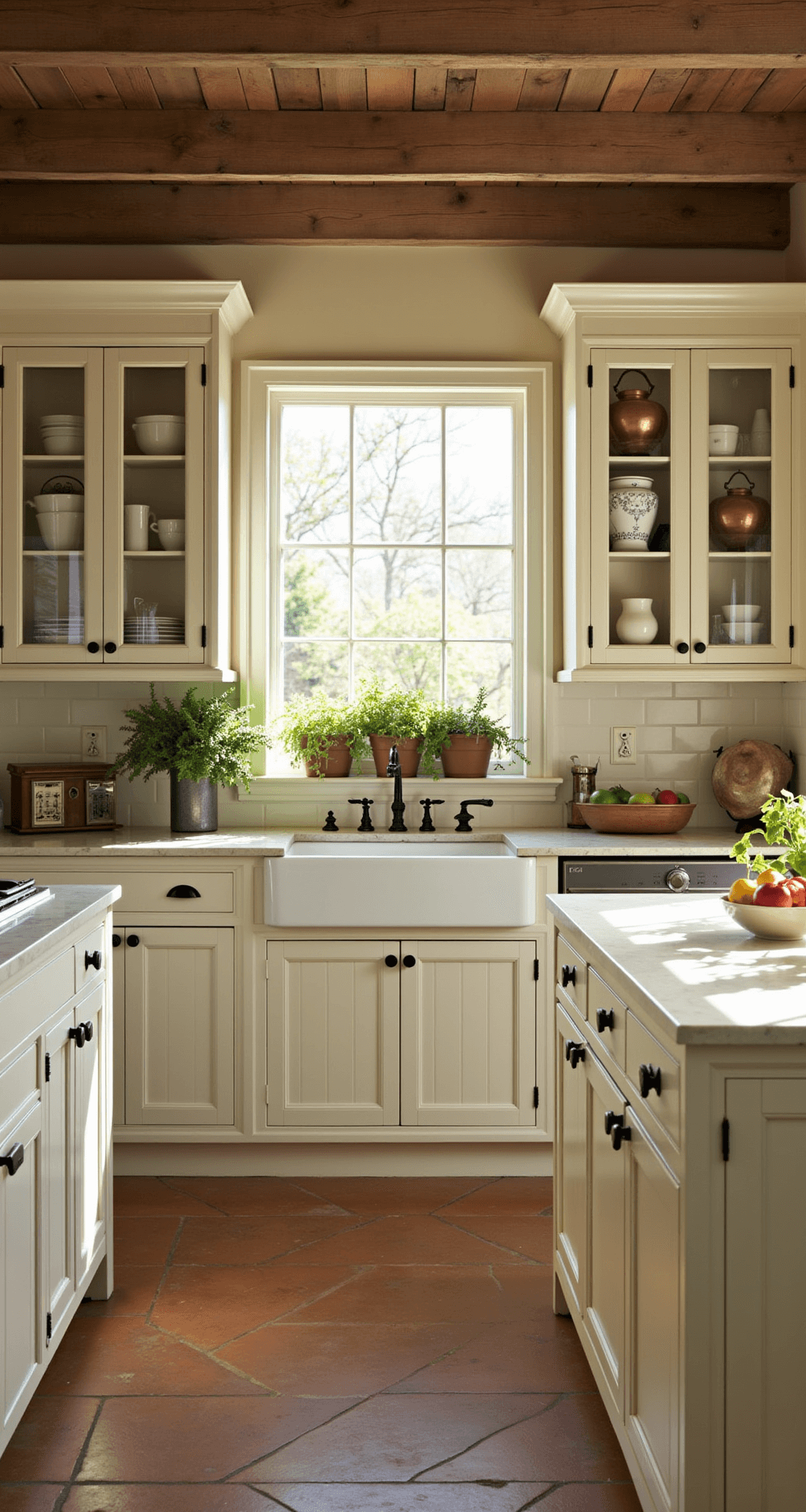 A cozy French country kitchen featuring distressed white cabinets, reclaimed timber beams, cream limestone countertops, and terra cotta floor tiles, illuminated by golden hour light, adorned with copper pots, fresh herbs in the window, and vintage kitchenware.