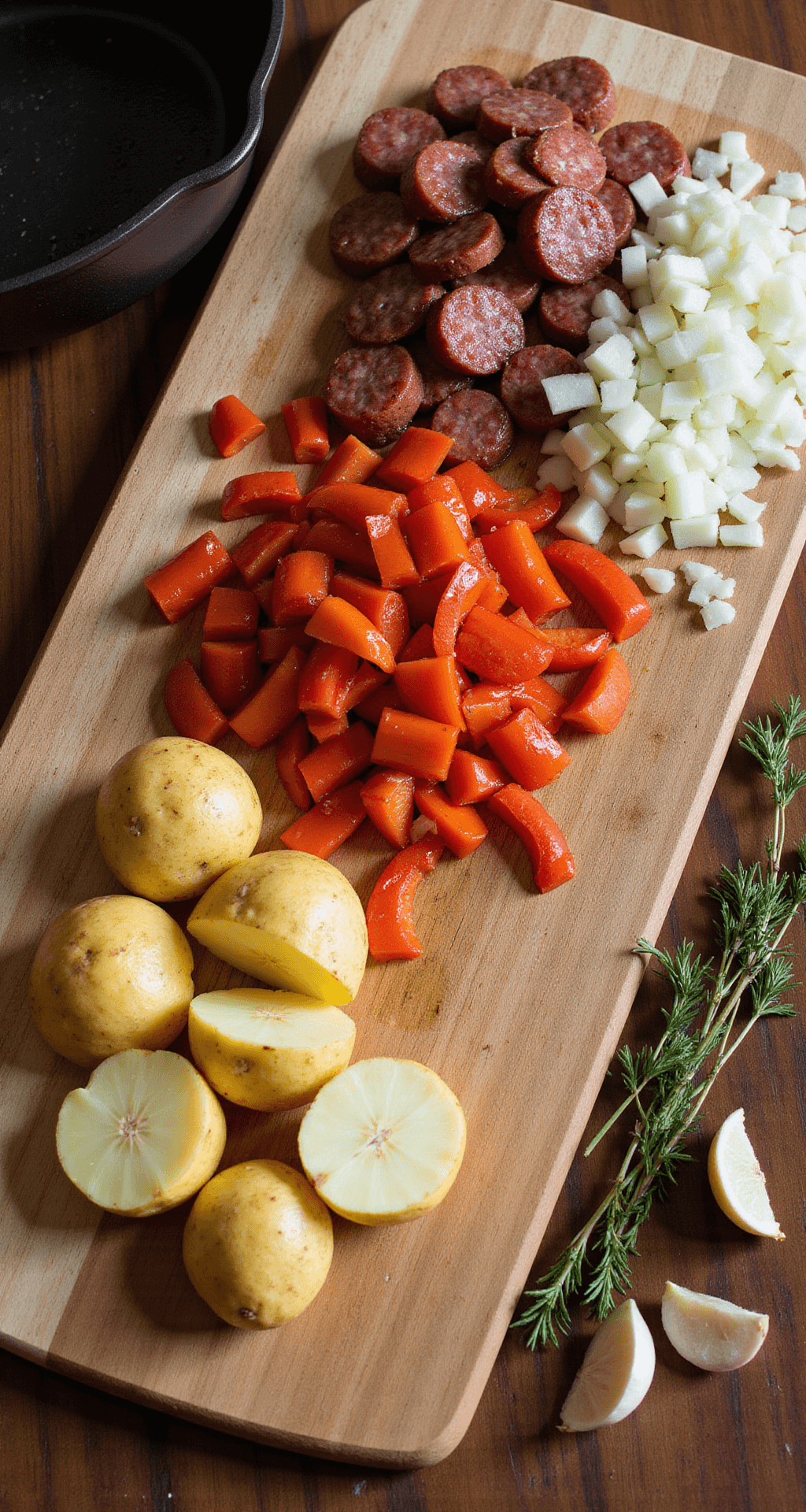 Overhead shot of a rustic wooden cutting board with golden Yukon potatoes, smoked sausage, diced bell peppers, and chopped onions arranged in neat piles, alongside a cast-iron skillet under warm natural light with garlic cloves and herb sprigs.
