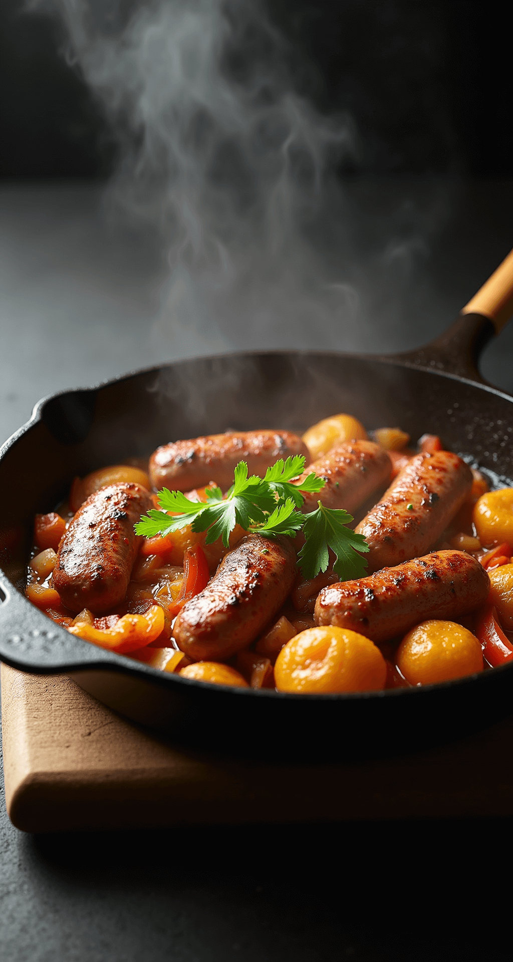 A well-seasoned cast-iron skillet filled with browned sausage pieces and crispy potato rounds, garnished with fresh parsley, with caramelized onions and peppers adding color, illuminated by dramatic side lighting that highlights the textures, alongside a wooden spatula resting against the skillet's edge.