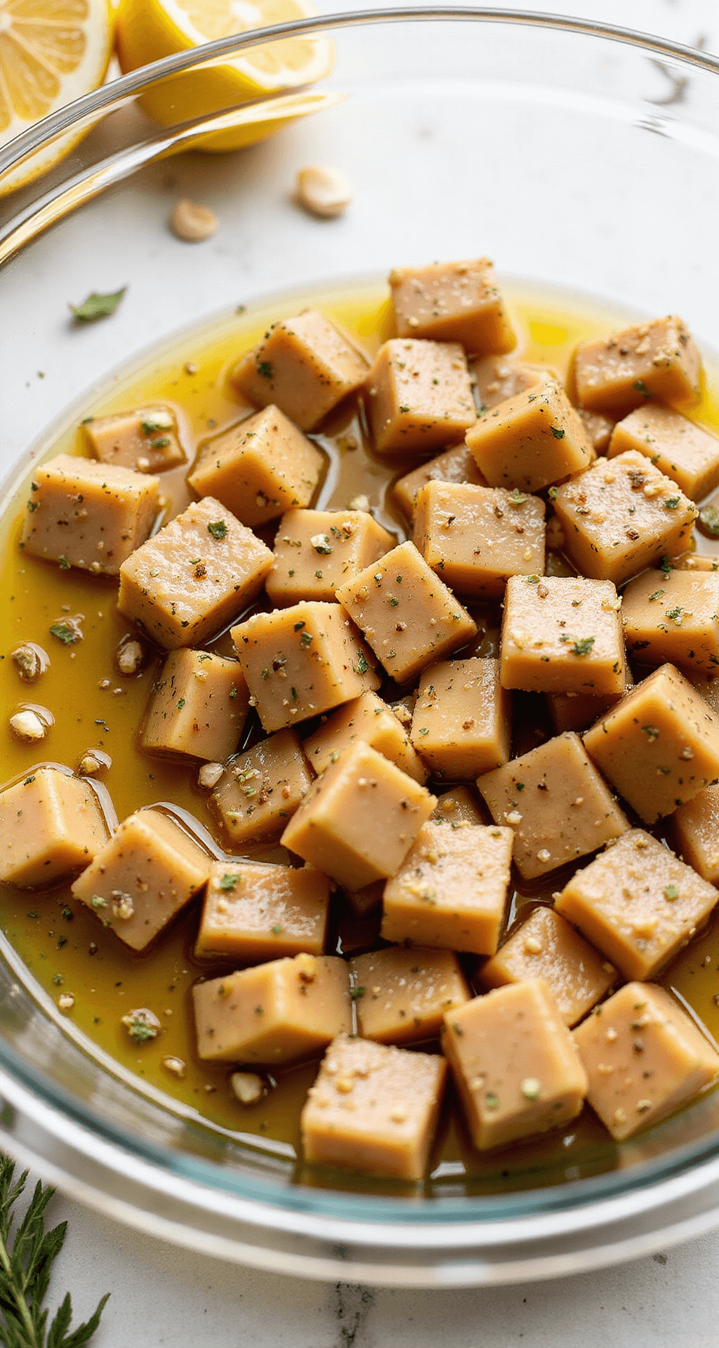 Close-up of vibrant cubed chicken pieces coated in Mediterranean marinade with golden olive oil, minced garlic, and dried herbs, surrounded by lemon halves and aromatics in a softly lit kitchen.