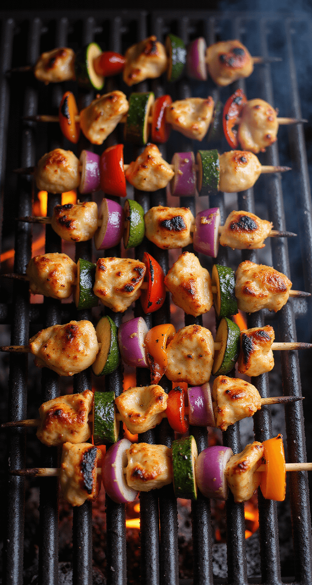 Dramatic overhead shot of vibrant kabobs on a hot grill, featuring charred chicken, bell peppers, red onions, and zucchini, with visible flames and light smoke, all highlighted by golden-hour lighting.