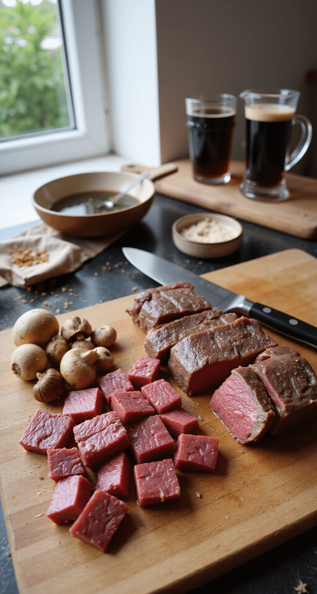 A professional kitchen scene with natural light featuring cubed marbled braising steak on a wooden cutting board, assorted mushrooms, a chef's knife, and measuring cups of dark ale and beef stock, highlighting an organized mise en place with herbs and spices in small bowls.