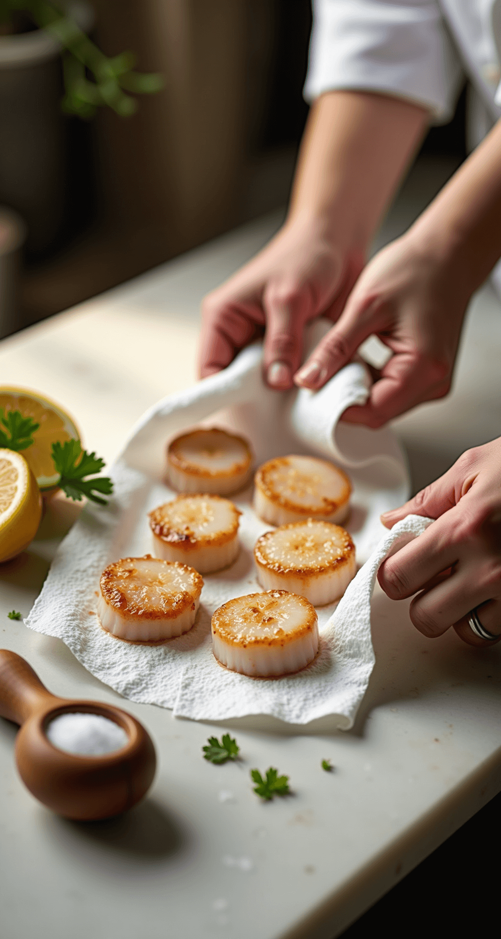 Close-up of a chef patting dry pristine sea scallops on a marble countertop, illuminated by warm kitchen light, surrounded by fresh lemon halves, parsley, and a rustic salt cellar.