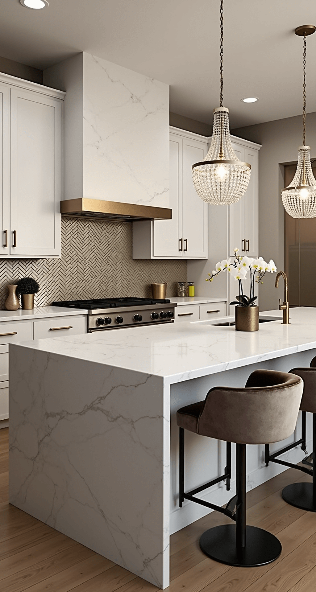 A sophisticated 15x18ft contemporary kitchen featuring high-gloss white cabinets with metallic trim, champagne gold hardware, and a mirror-finish backsplash, illuminated by crystal pendant lights. A white marble waterfall island with velvet barstools is central to the space, adorned with orchids and metallic accessories, captured from a low angle to highlight the reflective surfaces and dramatic artificial lighting.