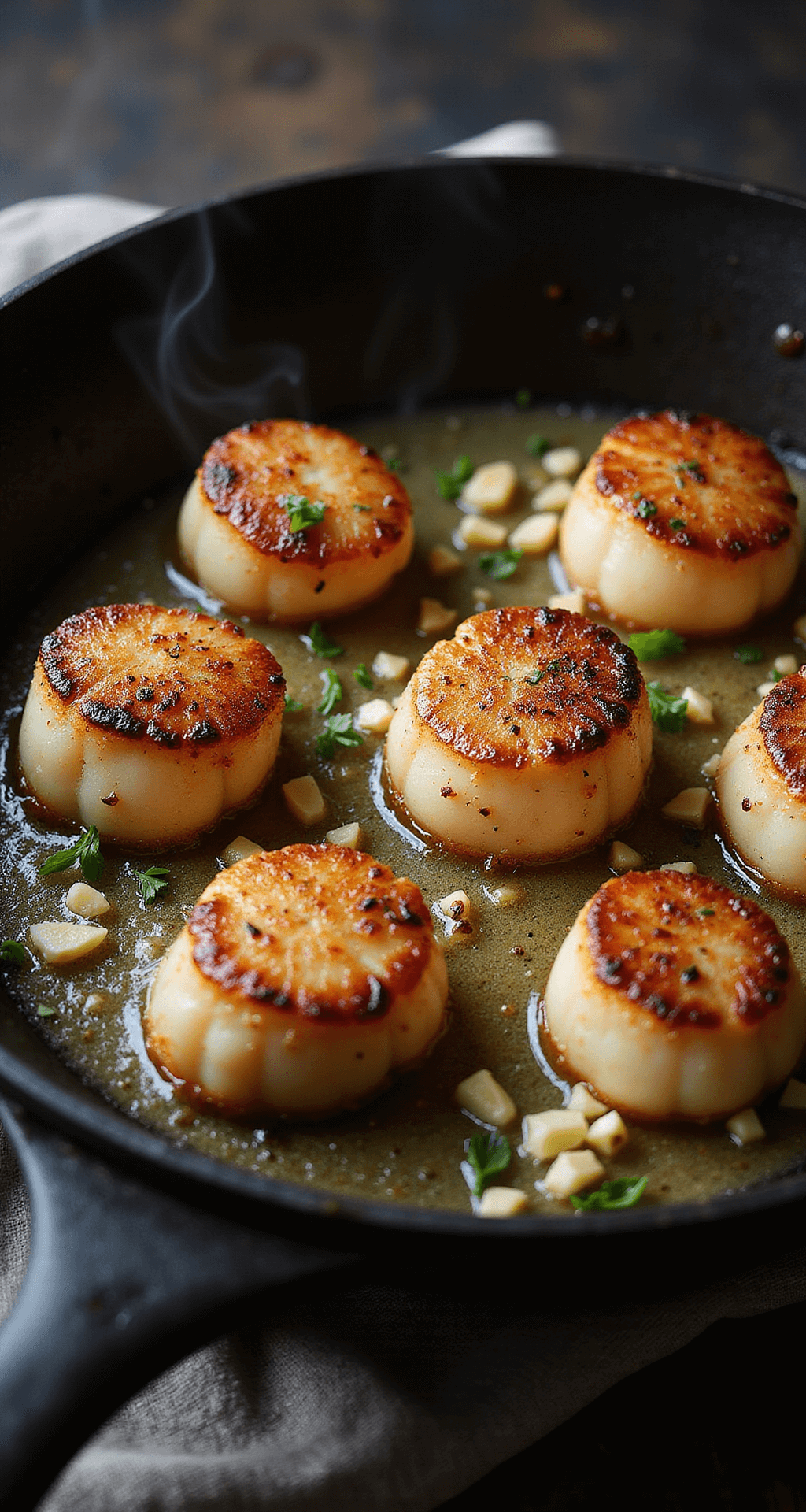 Dramatic overhead shot of searing sea scallops in a cast iron skillet, showcasing golden-brown crusts, melting butter, and fresh herbs in moody kitchen lighting.
