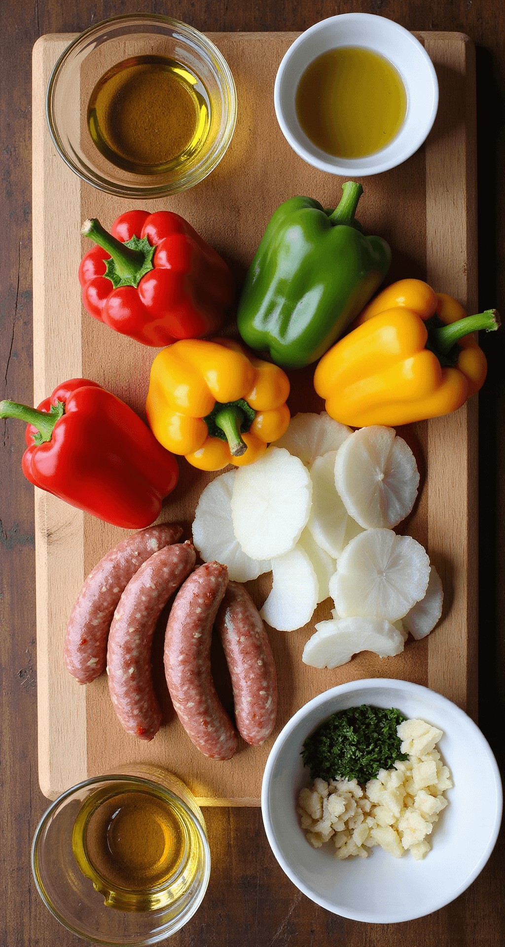Overhead view of a rustic wooden cutting board featuring vibrant sliced bell peppers, uniform onion rings, and elegant Italian sausage links, with small bowls of olive oil, minced garlic, and scattered herbs, illuminated by natural window light.
