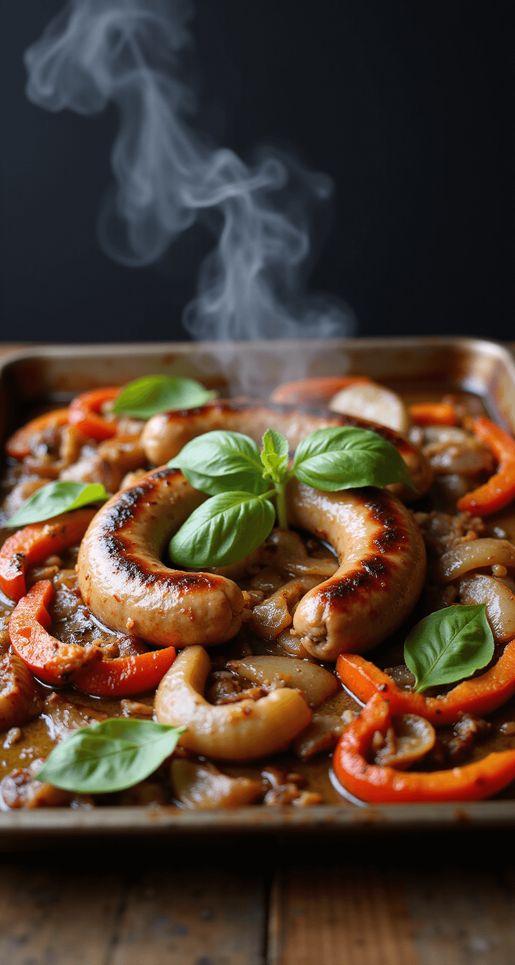 Close-up of a caramelized sheet pan dinner featuring golden-brown Italian sausages, roasted peppers and onions with charred edges, fresh basil leaves, and glistening olive oil against a dark background.
