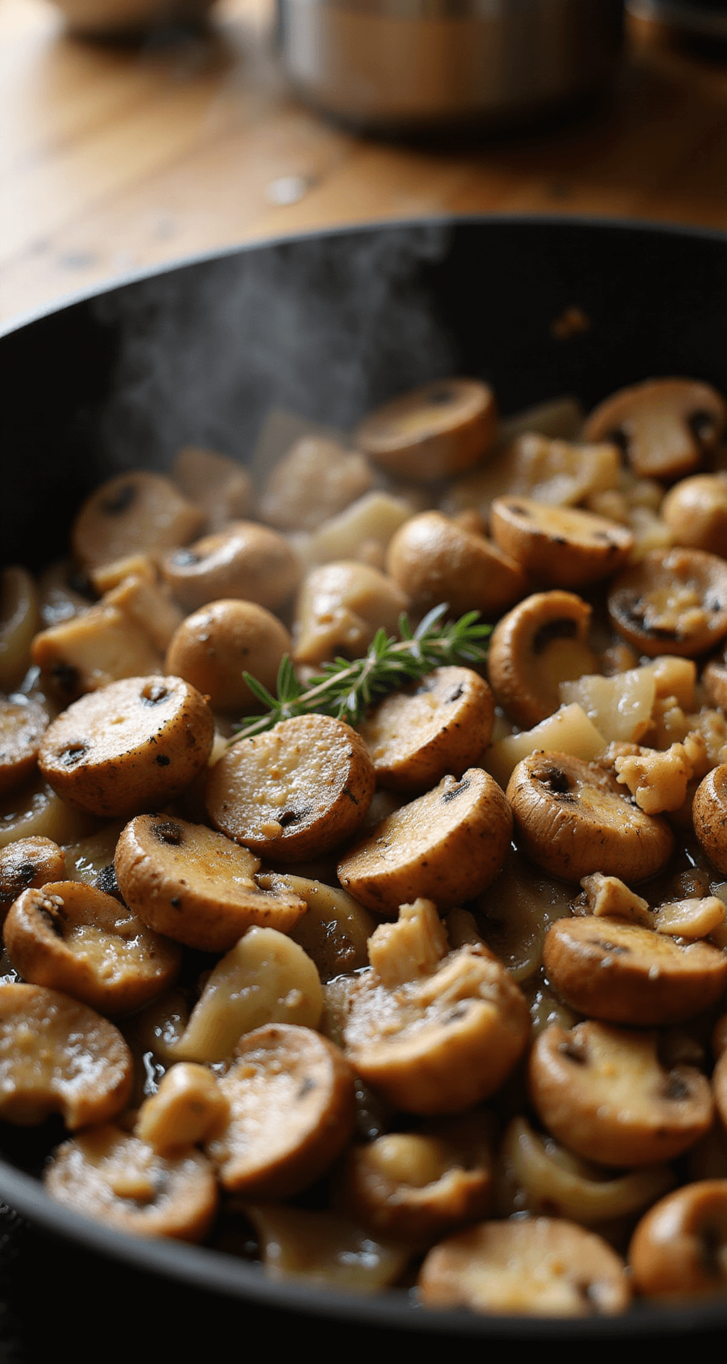 Close-up of sautéing cremini mushrooms and onions in a cast iron skillet, caramelized and golden-brown, with minced garlic and fresh thyme, in warm lighting with steam rising.