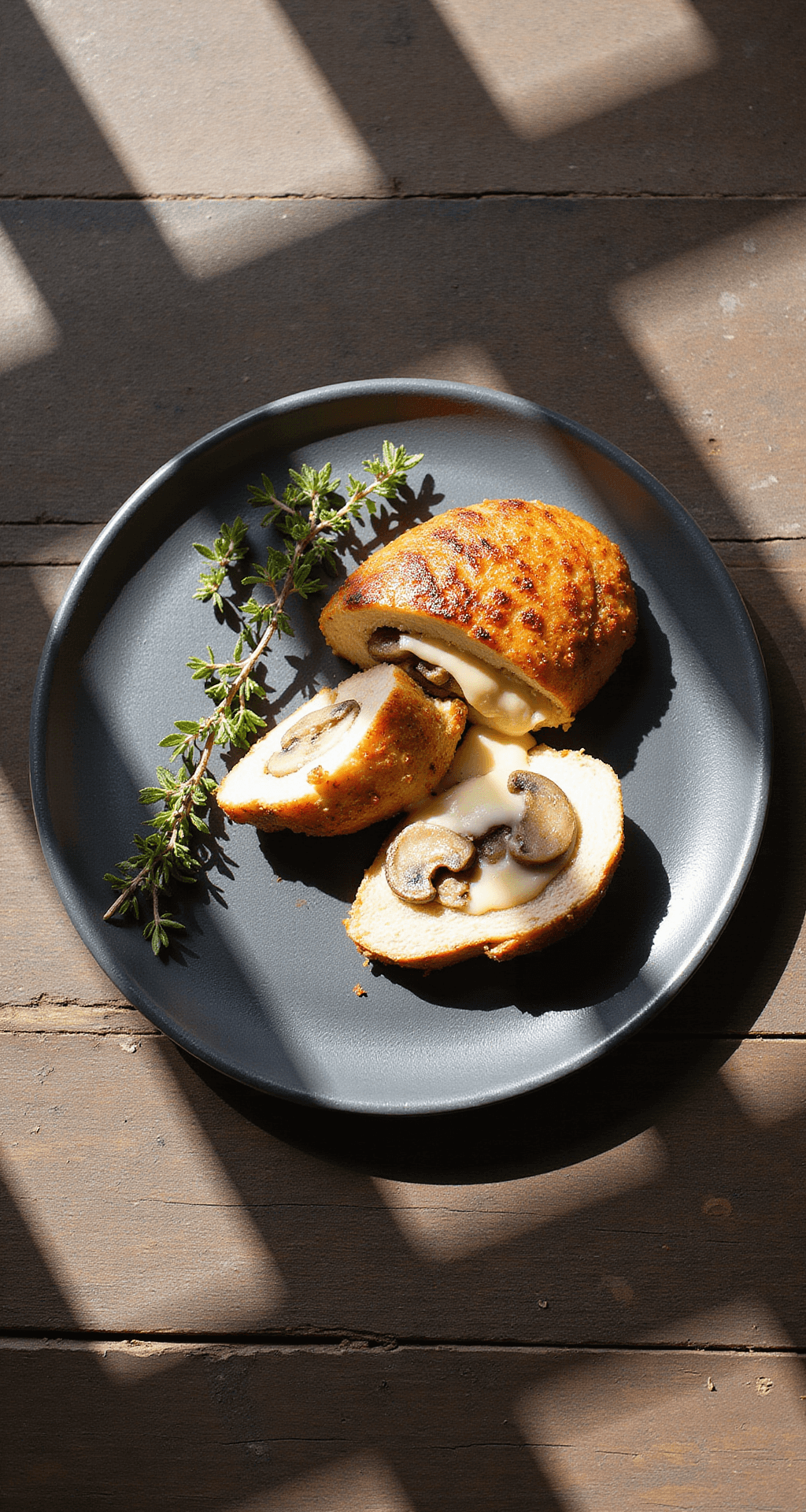 Overhead view of a sliced golden-brown stuffed chicken breast revealing melted Swiss cheese and mushroom filling, served on a slate plate with fresh thyme garnish, on a rustic wooden table.