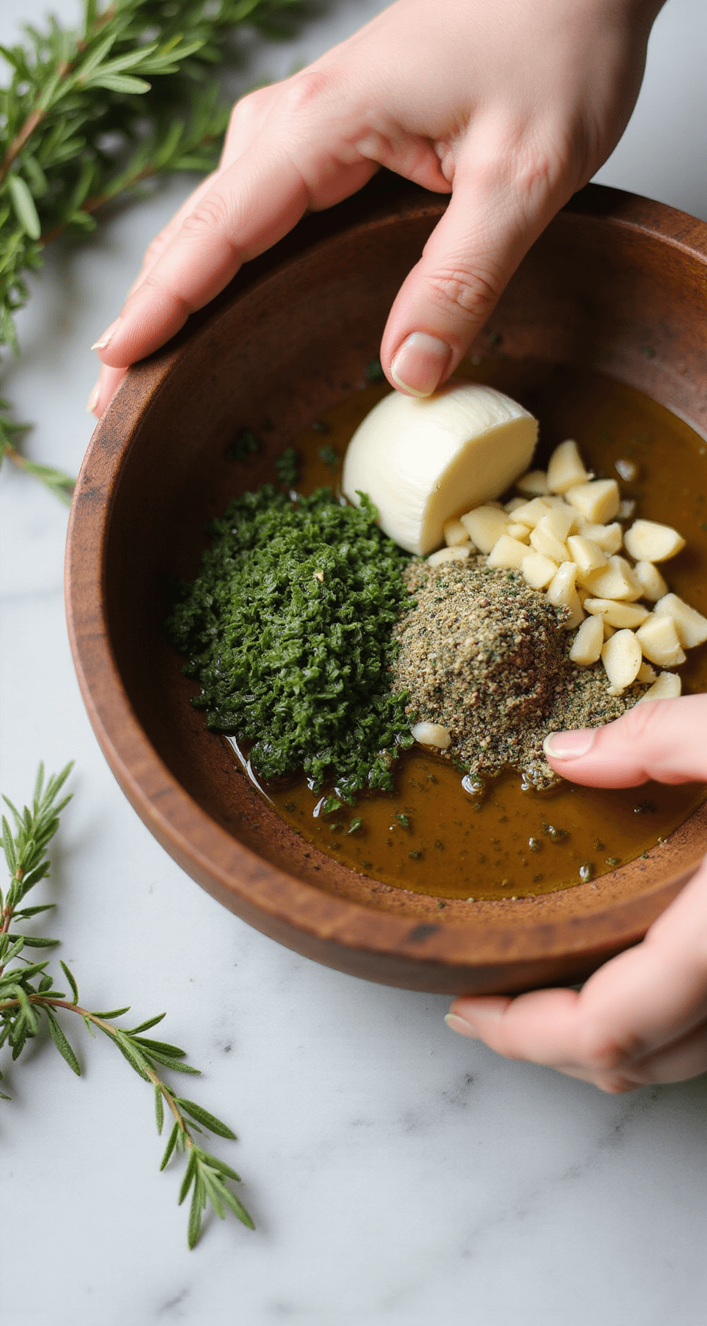 Close-up of hands mixing fresh herbs, minced garlic, and olive oil in a rustic bowl, with rosemary and thyme nearby on a marble countertop.