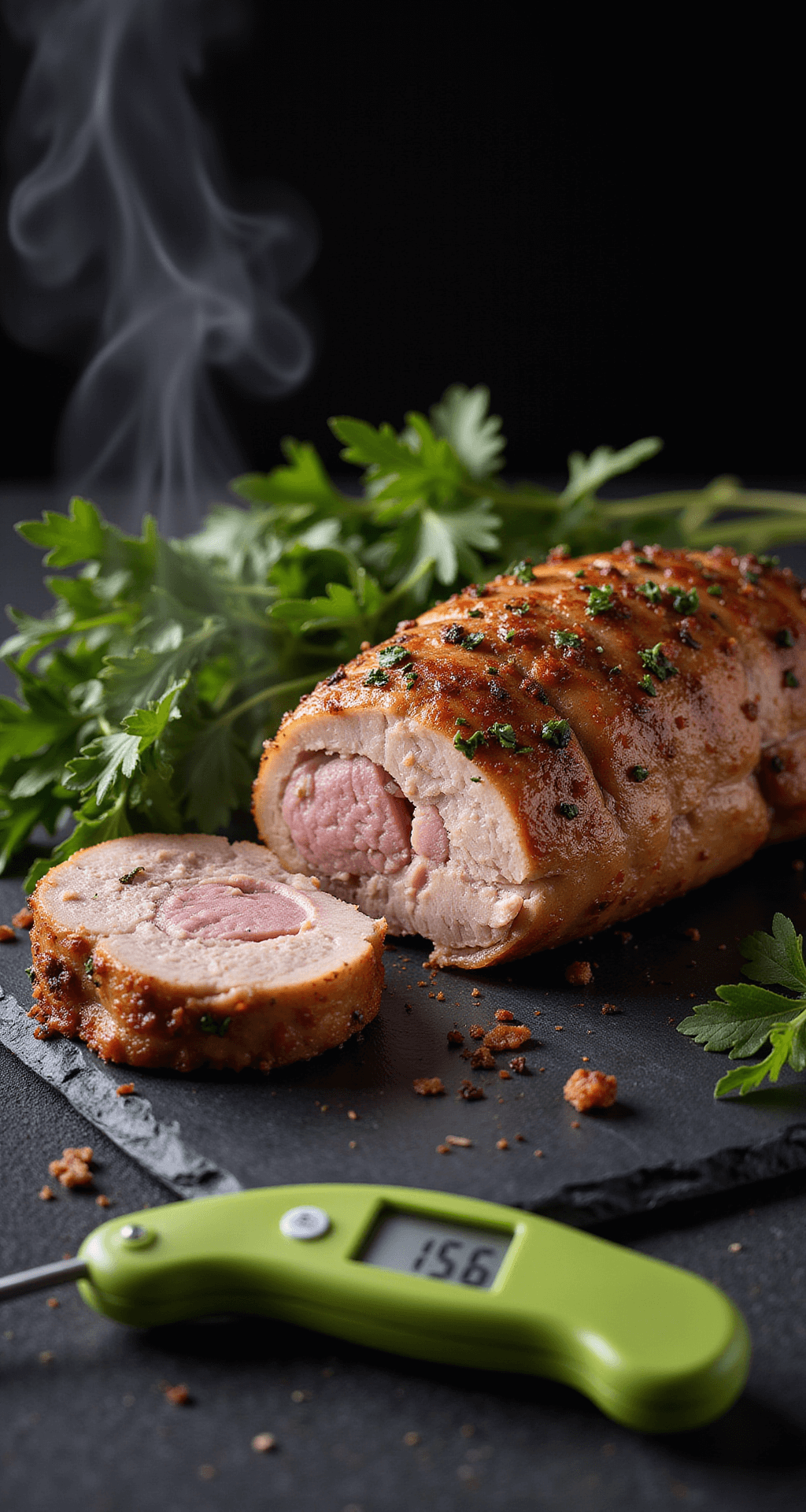 Perfectly roasted pork tenderloin on a dark slate surface, with steam rising and a golden-brown crust. A cut reveals a juicy, slightly pink center, while a meat thermometer shows 145°F. Fresh herb garnishes are arranged with dramatic side lighting.