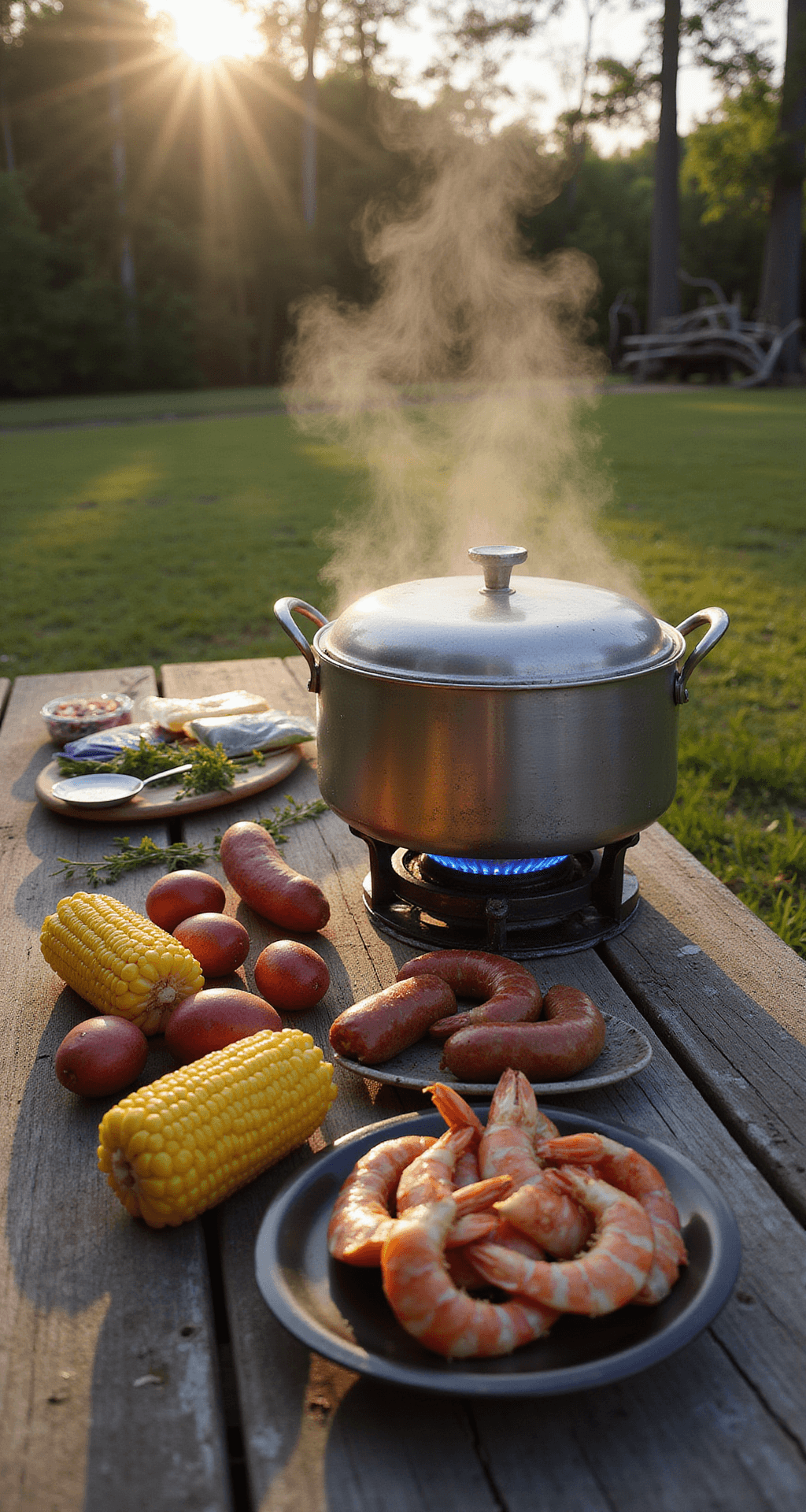 A rustic outdoor cooking setup with a large silver stockpot on a blue-flamed propane burner, surrounded by fresh ingredients including red potatoes, shell-on shrimp, corn, and andouille sausage, with scattered lemons, herbs, and Cajun seasoning packets in warm afternoon light.